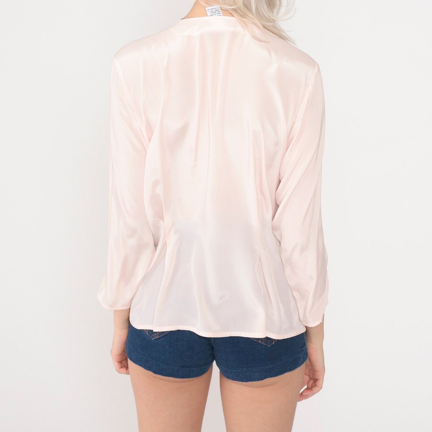 80s Baby Pink Button-Up Blouse Geometric Embroidery Long Sleeve Medium