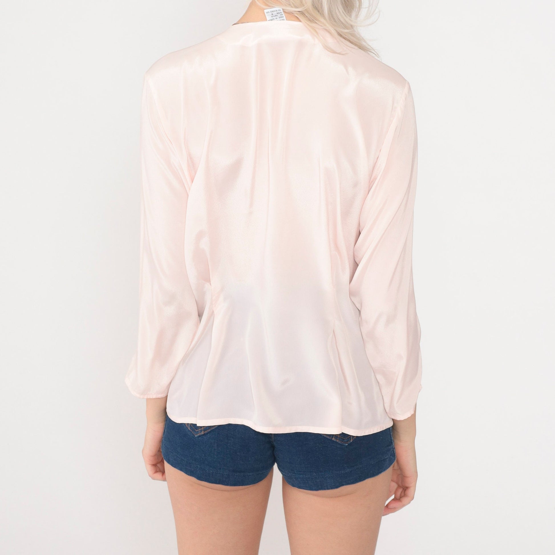 80s Baby Pink Button-Up Blouse Geometric Embroidery Long Sleeve Medium