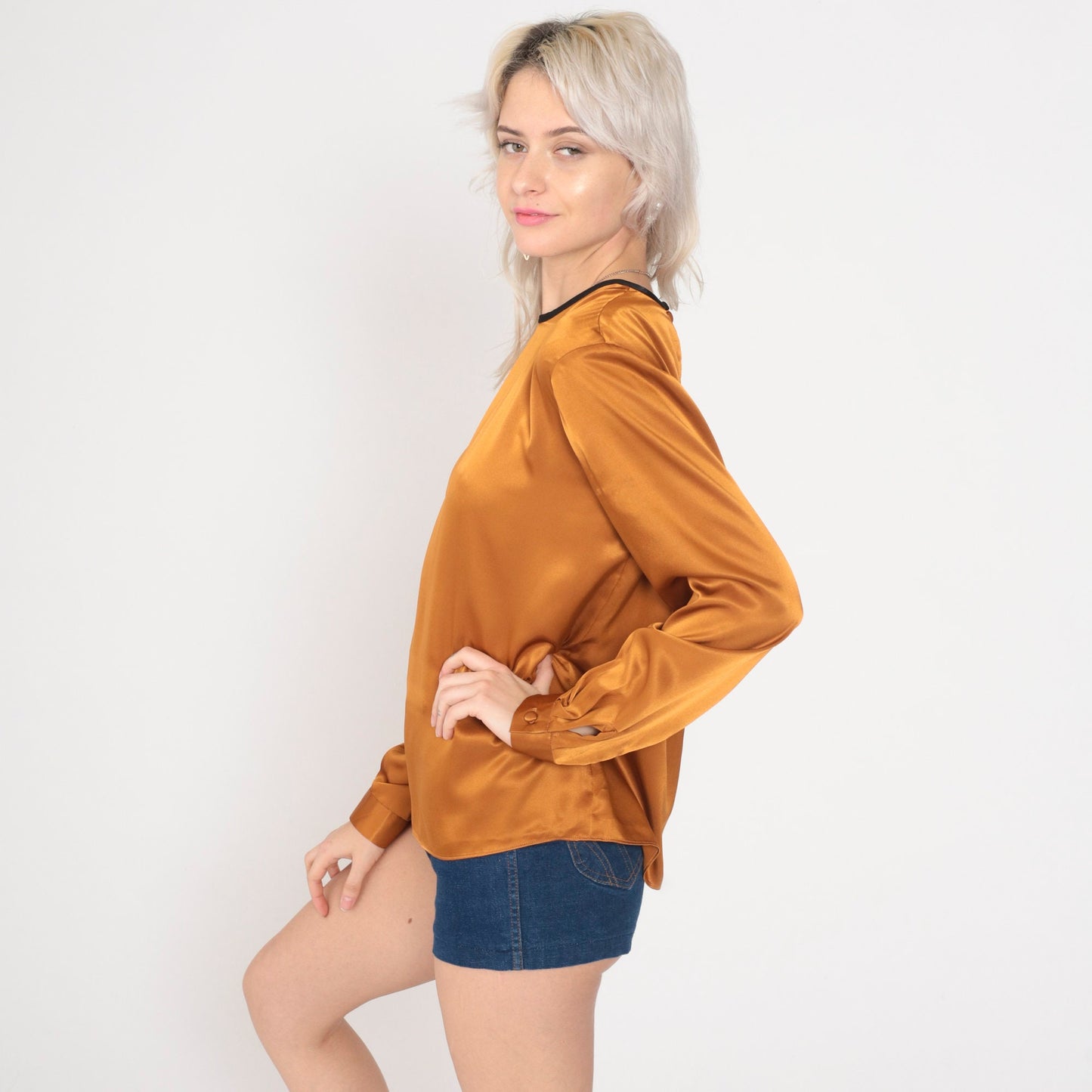 80s Kasper Burnt Orange Satin Button-Up Blouse Black Ringer Trim Medium