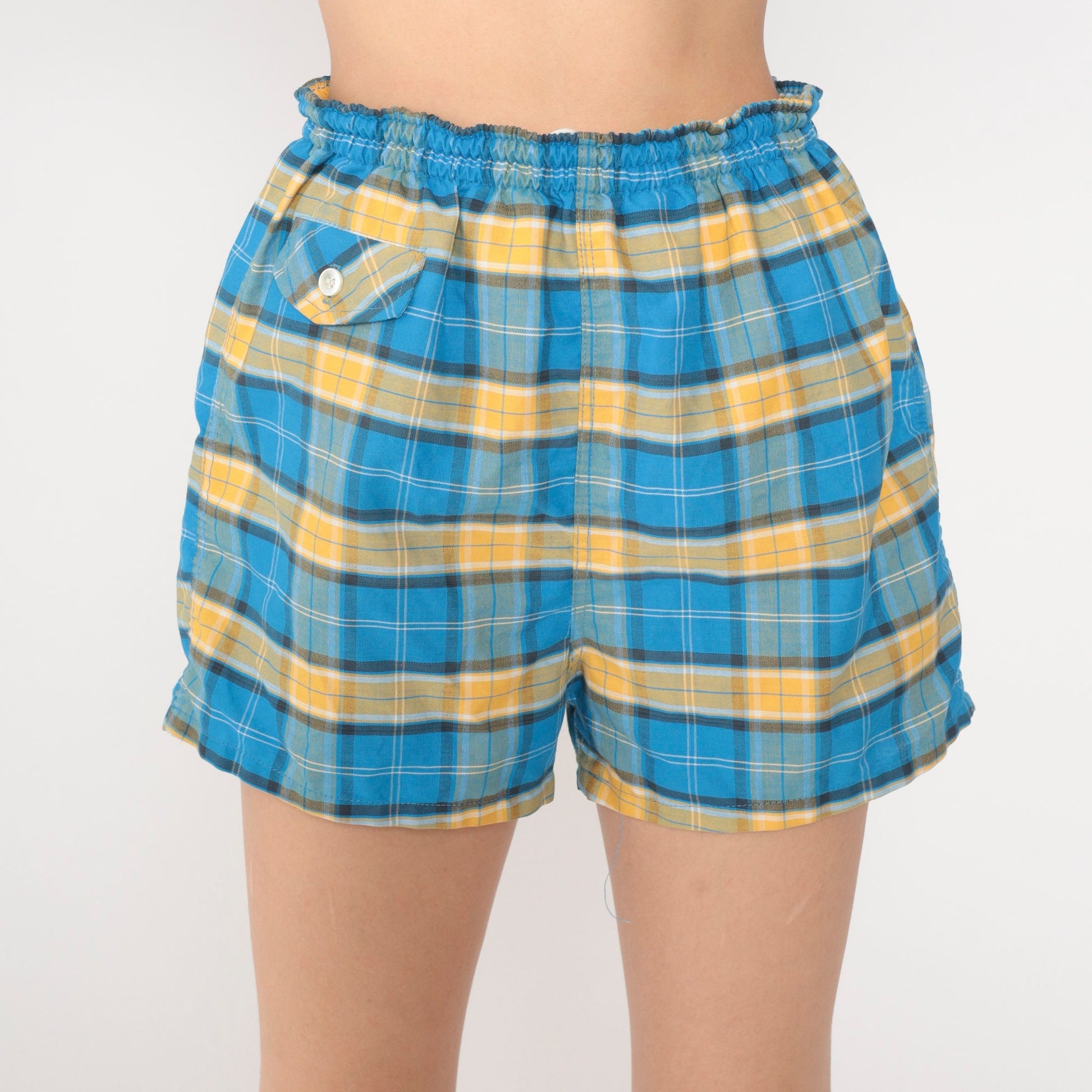 80s Blue Plaid Shorts Elastic Drawstring Waist Cotton Blend Medium