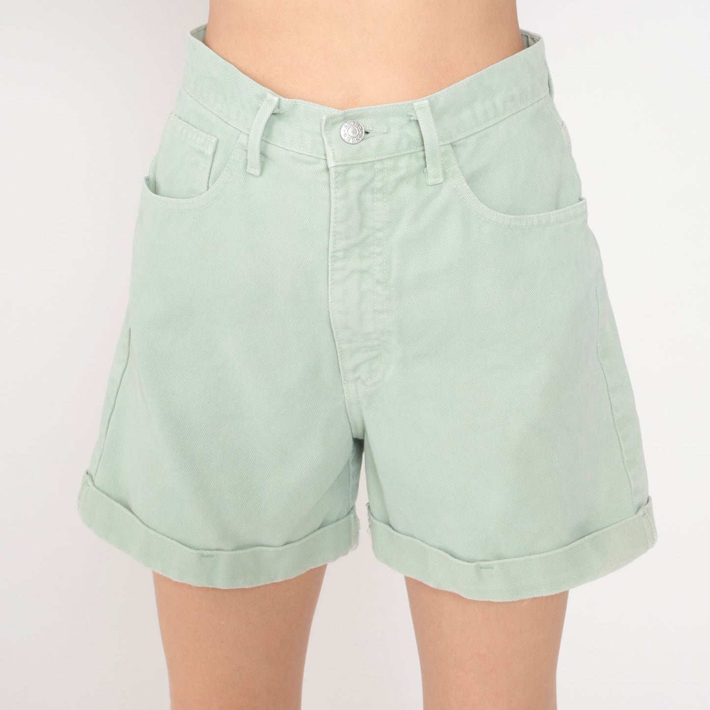 90s Guess Light Green Denim Shorts High Waist Cuffed Small