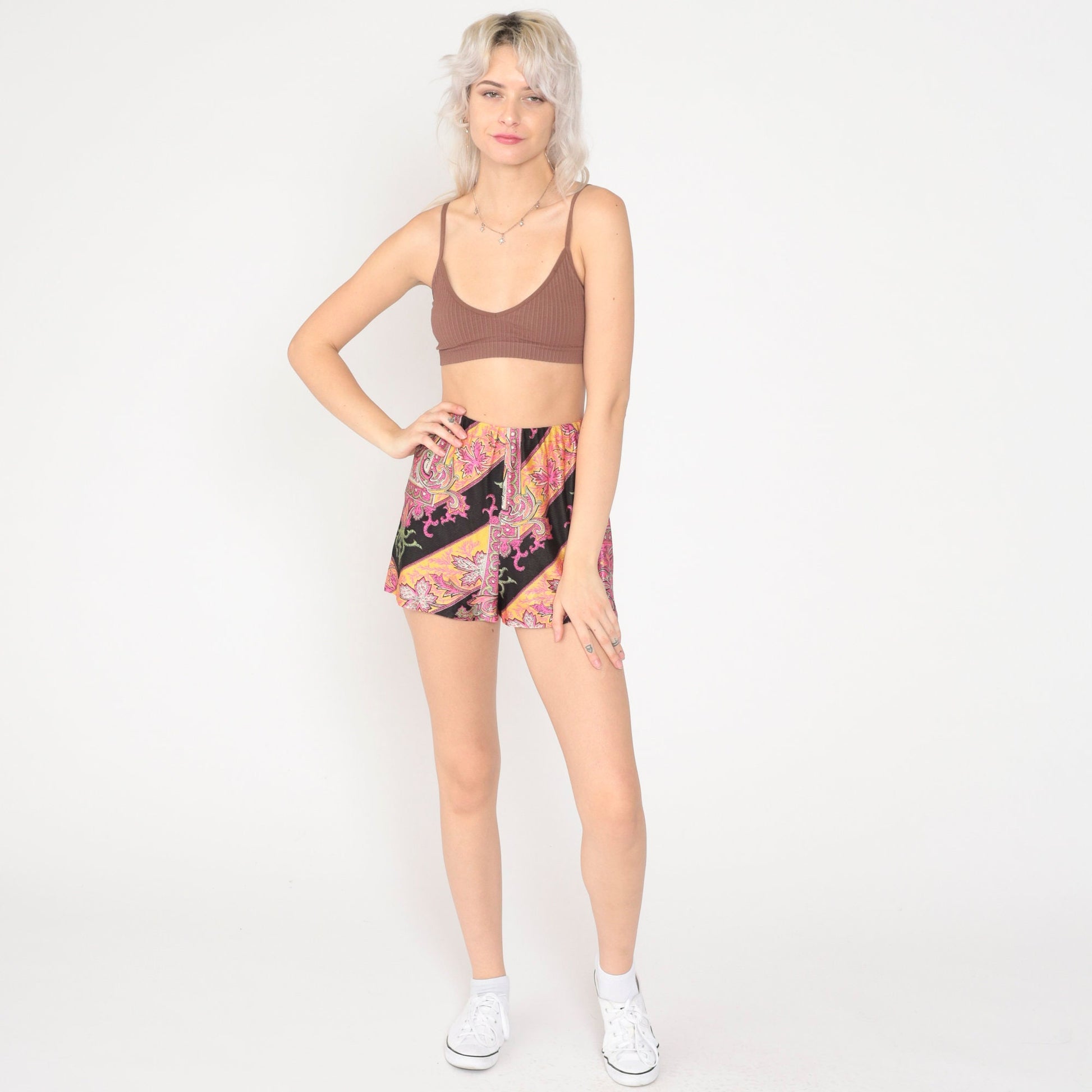 60s Psychedelic Leaf Print Shorts High Waist Neon Pink Black Extra Small