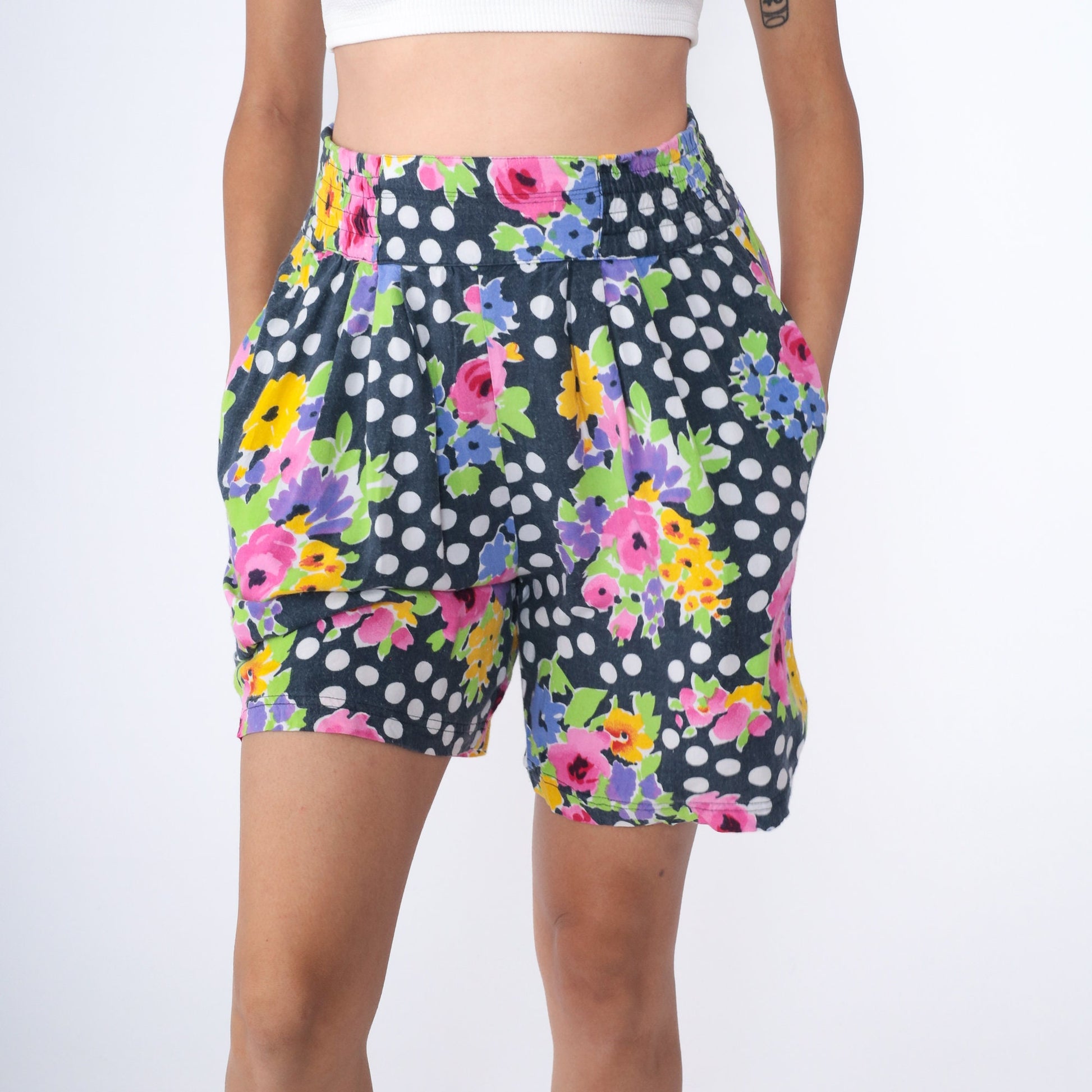 90s Polka Dot Floral Rayon Shorts High Waist Pleated White Small