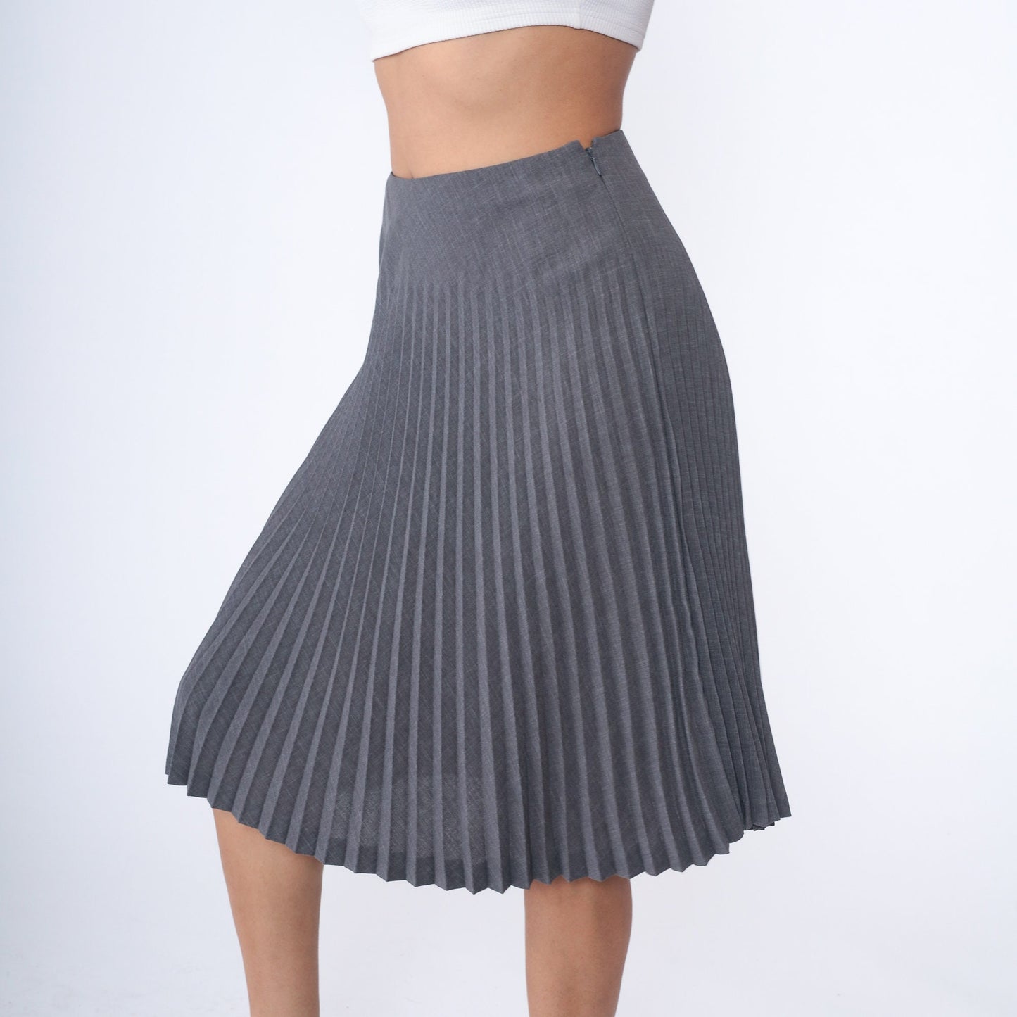 00s Grey Pleated High-Waist Midi Skirt Small 6
