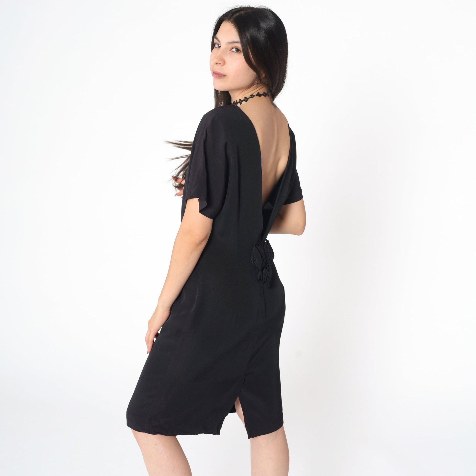 90s Black Midi Dress Deep V Back Sheath Short Sleeve Small