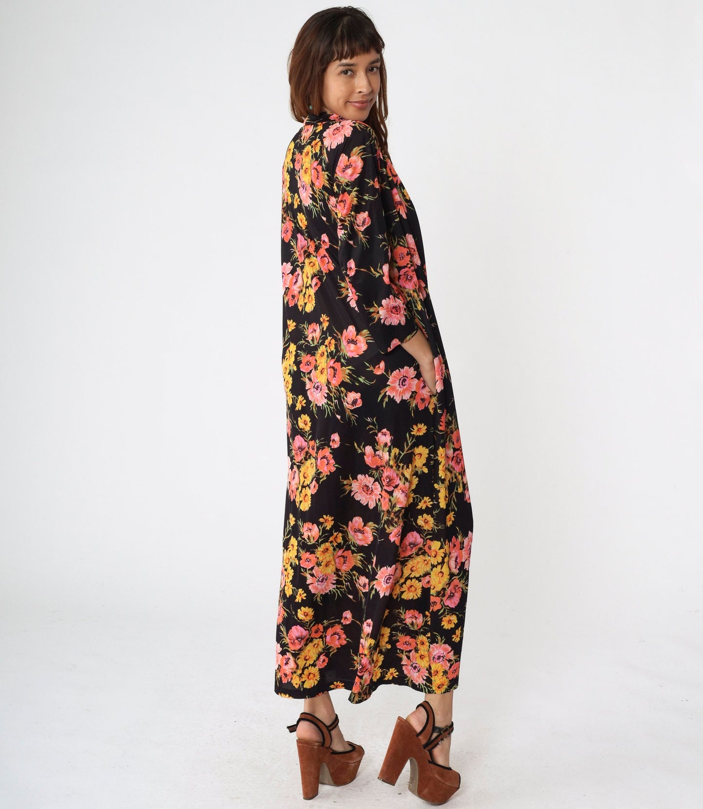 70s Black Floral Maxi Nightgown Zip Front 3/4 Sleeve Loungewear Large