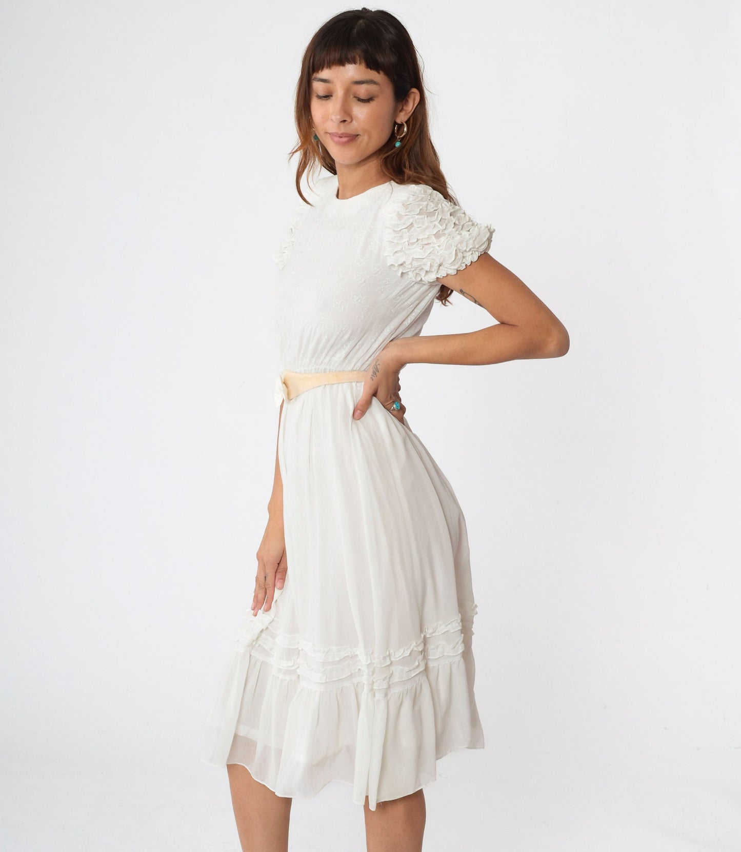 80s White Leaf Print Midi Dress Puff Sleeve High Waist Belt Extra Small