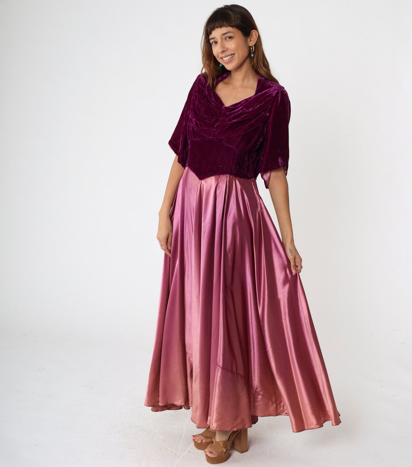 70s Purple Velvet Satin Maxi Dress Basque Waist Short Sleeve Large
