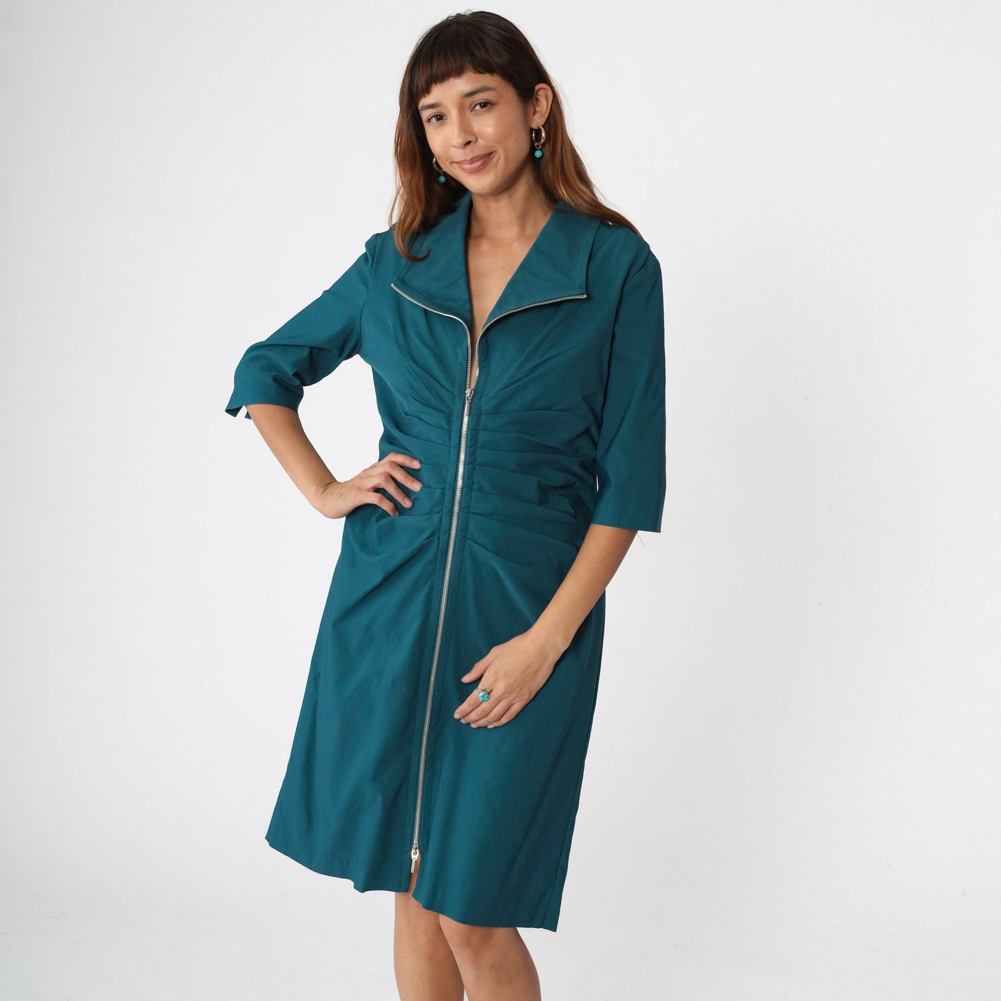 00s Joseph Ribkoff Teal Sheath Dress Front Zip Pleated 3/4 Sleeve Knee Length Large 14