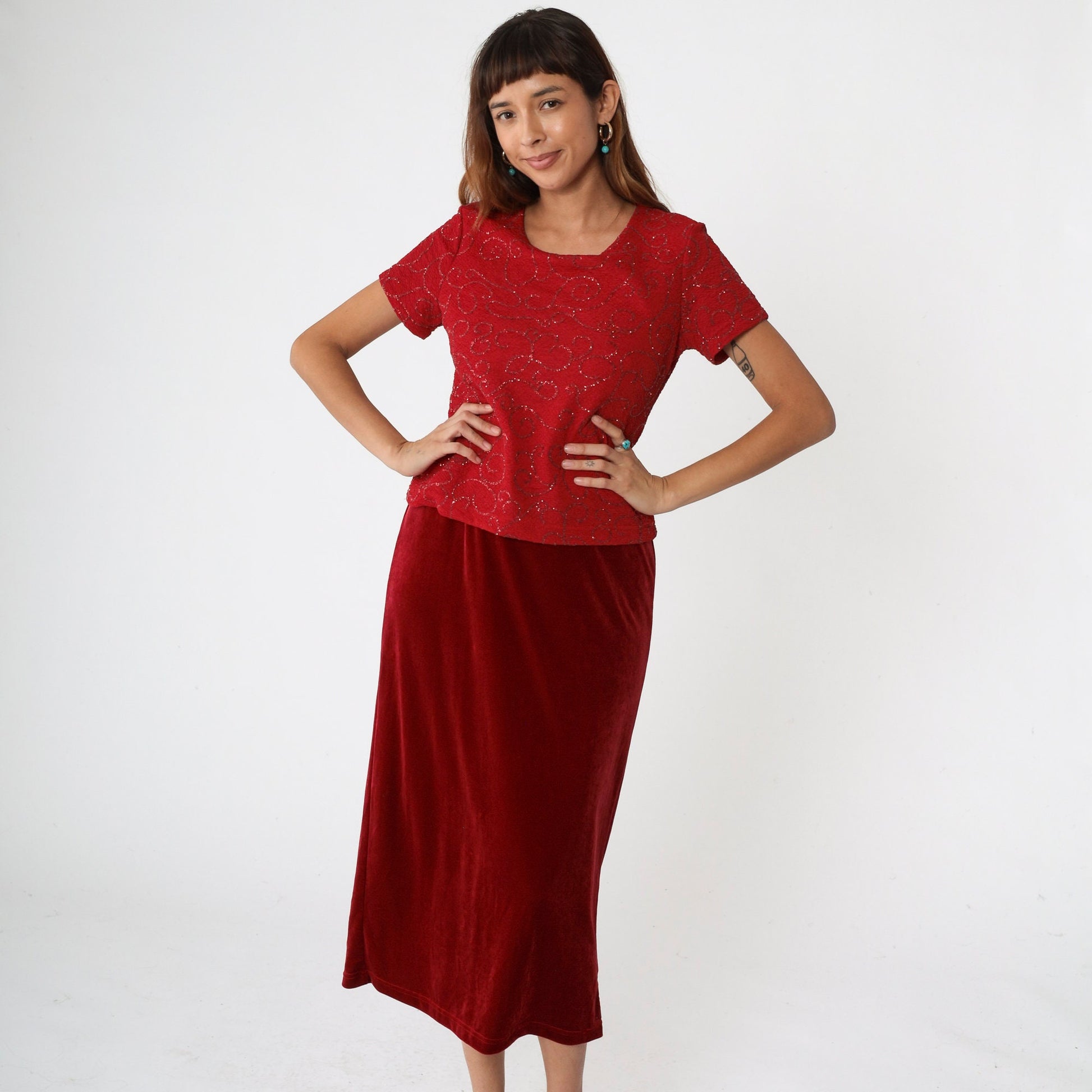 90s Kathie Lee Red Velvet Midi Dress Glitter Bodice Drop Waist Small