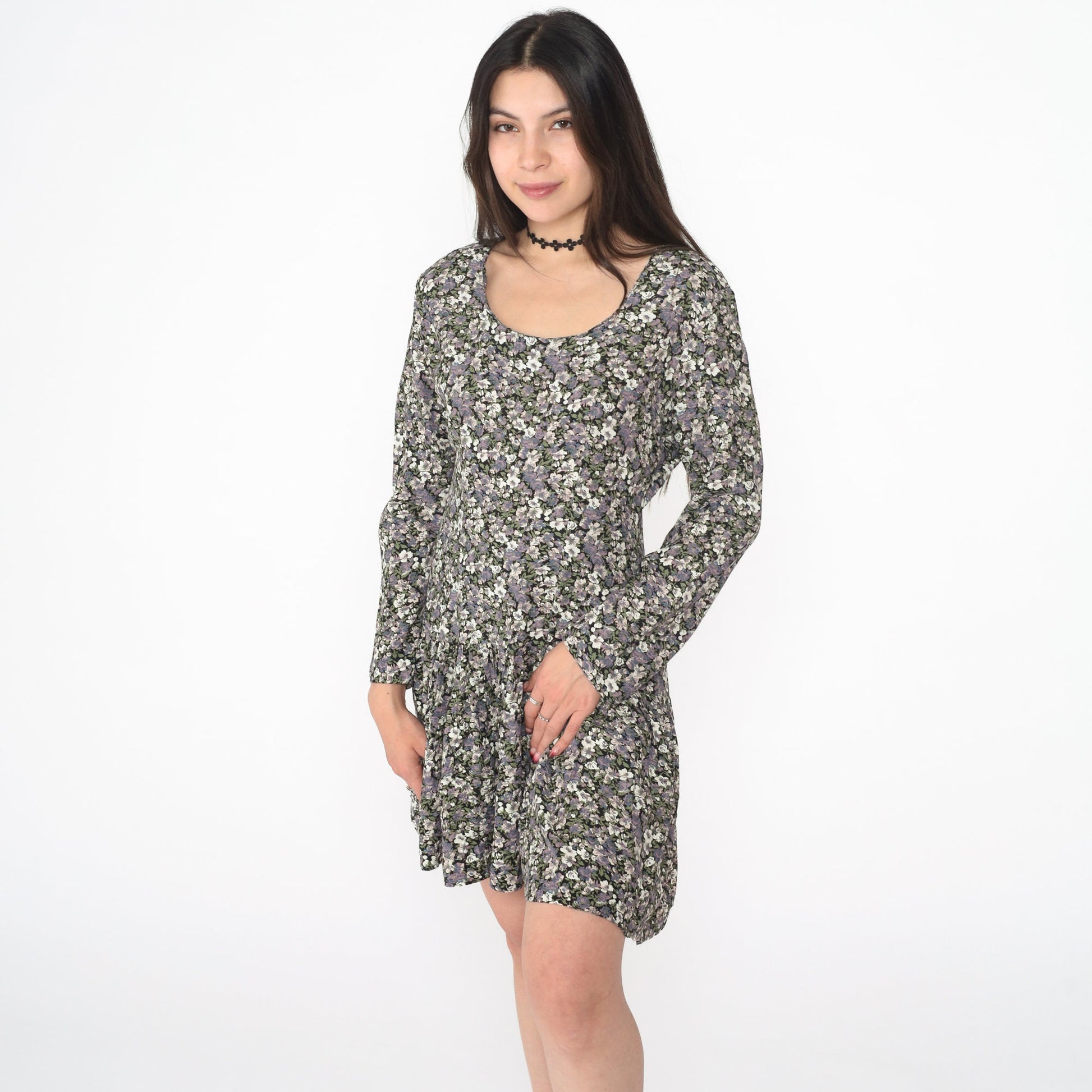 90s Floral Mini Dress Lace-Up V Back Drop Waist Long Sleeve Medium