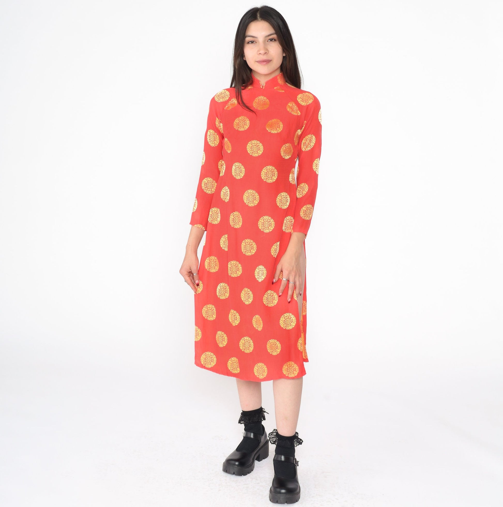 Y2K Ao Dai Dress Red Gold Medallion Print Mandarin Collar Midi Extra Small