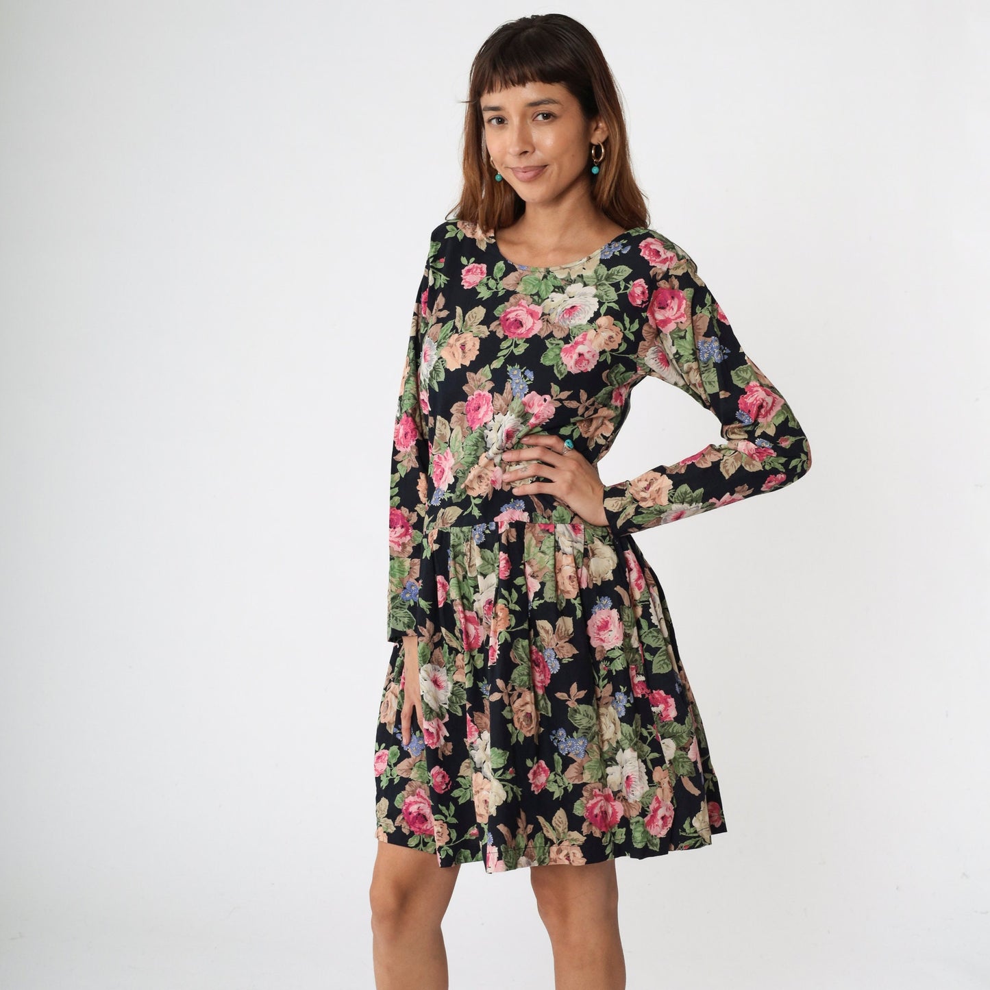 90s Atlas Studio Floral Mini Dress Black Drop Waist Long Sleeve Small S