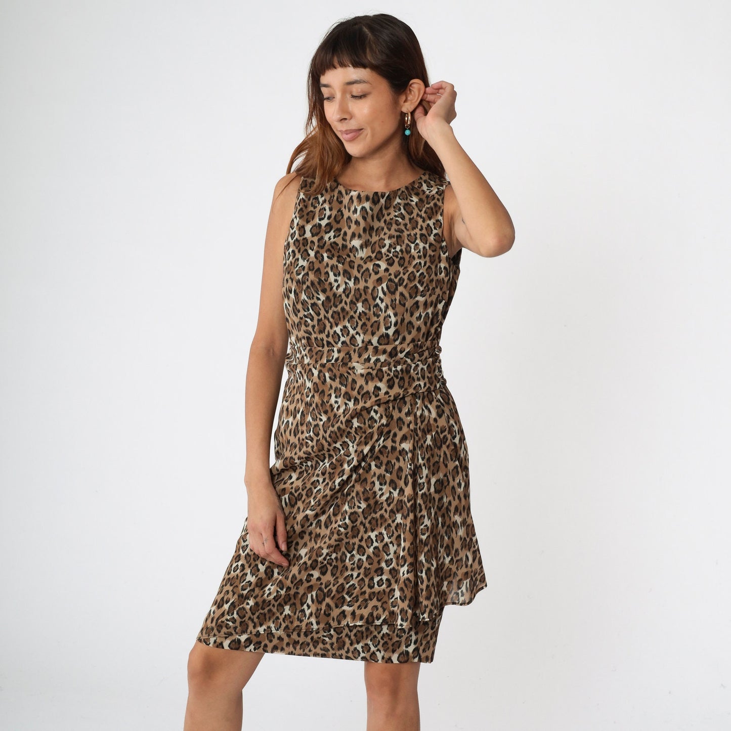 90s Leopard Print Sleeveless Shift Dress Wrap Panel Mini Medium