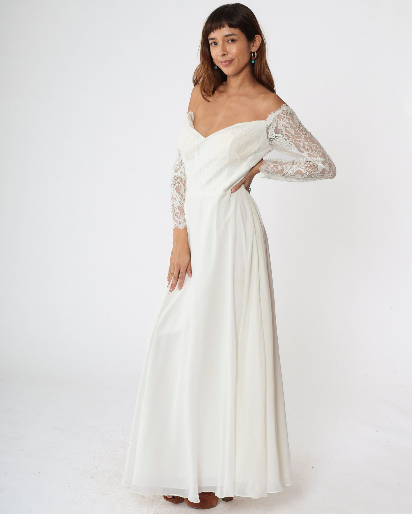 00s Christina Wu Wedding Dress Off-Shoulder Lace Chiffon Maxi White Large 14