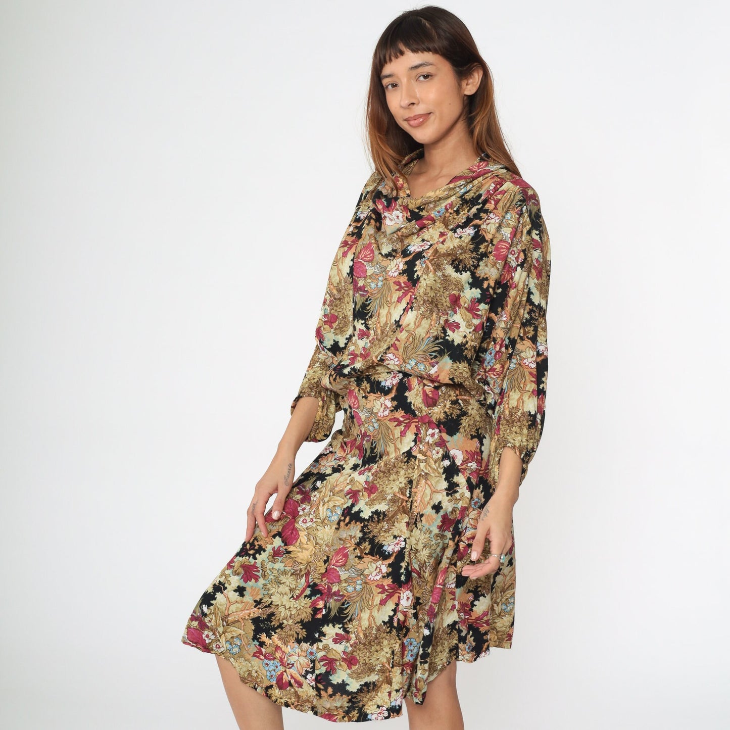 90s Floral Cowl Neck Dress Knee Length Dolman Sleeve Rayon Medium