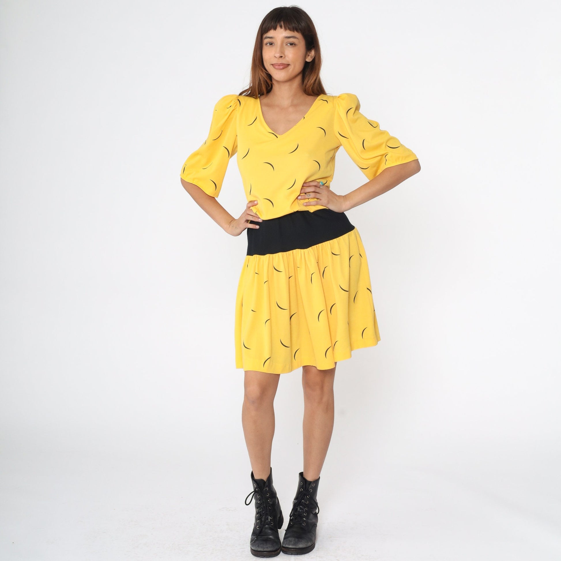 80s Yellow Black Abstract Line Print Mini Dress Tie Waist Small