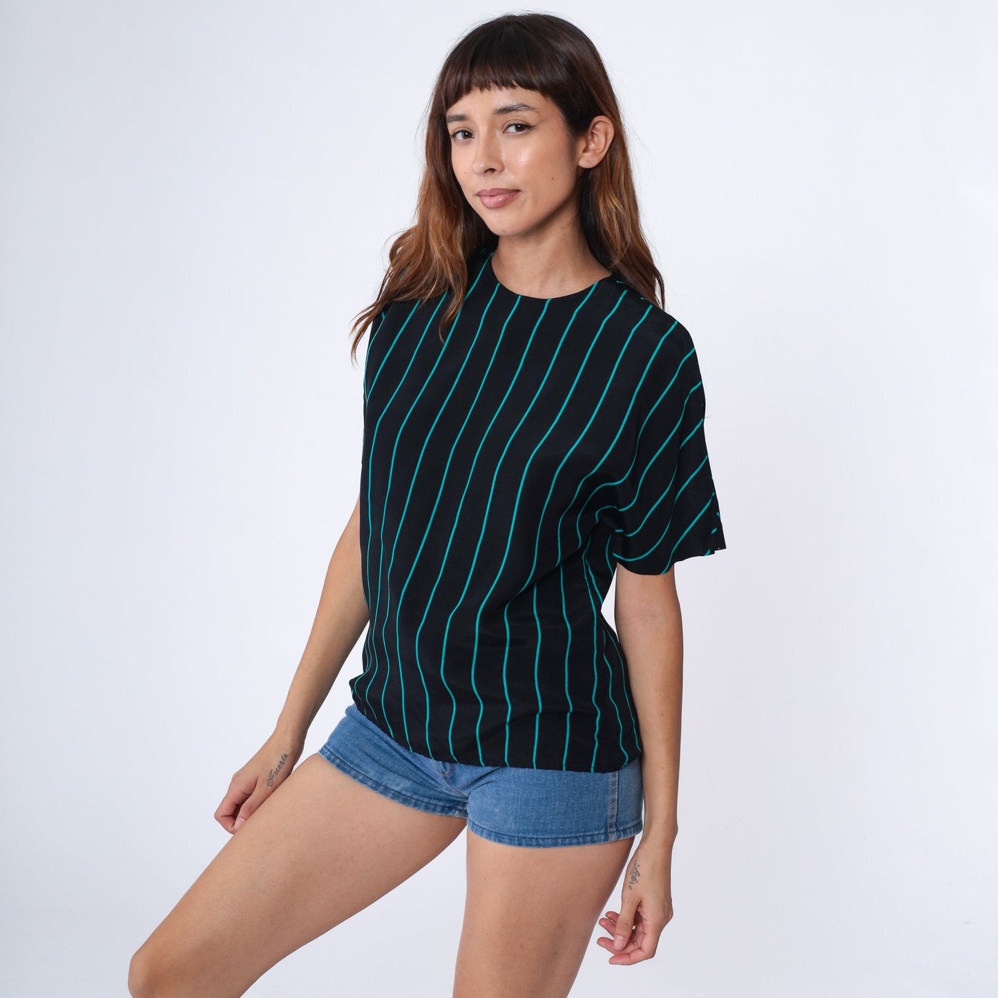 80s Black Striped Rayon Blouse Turquoise Short Sleeve Button Back Medium