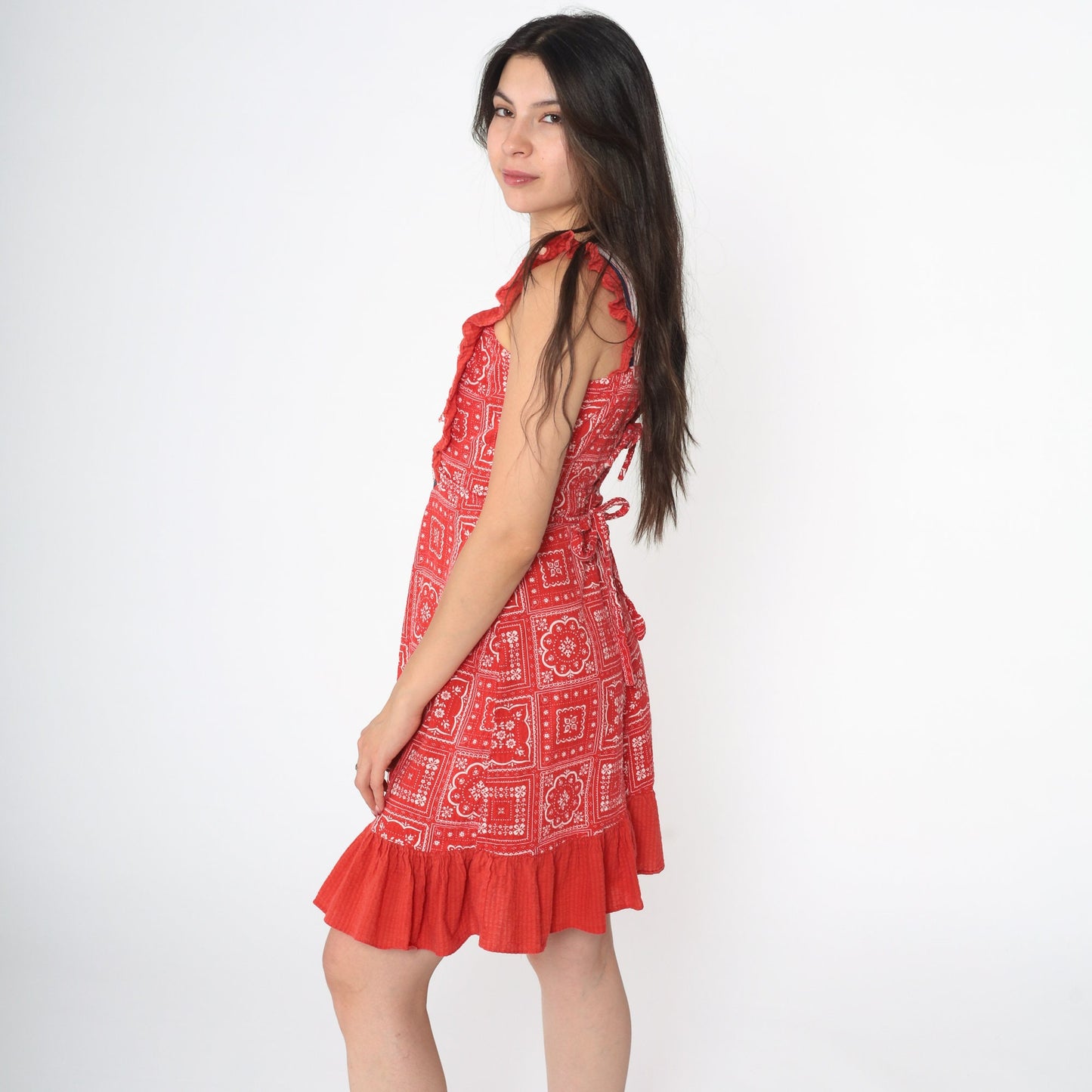 70s Red Bandana Print Mini Sundress Chevron Bib Tie-Back Sleeveless 2XS