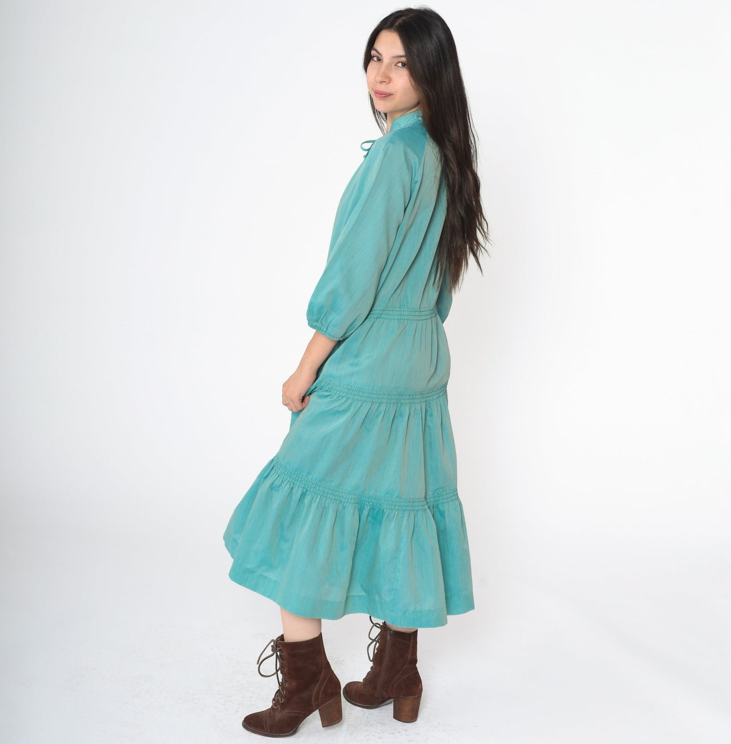 60s Peasant Midi Dress Aqua Blue Keyhole Mandarin Collar Tiered Raglan Medium Large