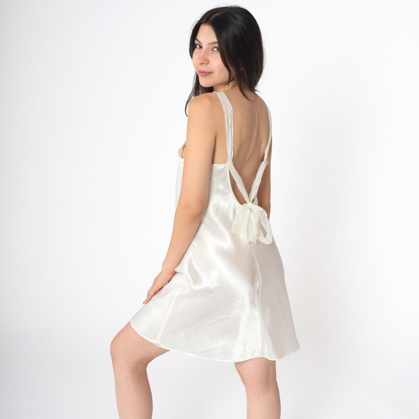 90s White Satin Slip Dress Pearl Beaded Mesh Trim Mini Nightgown Medium