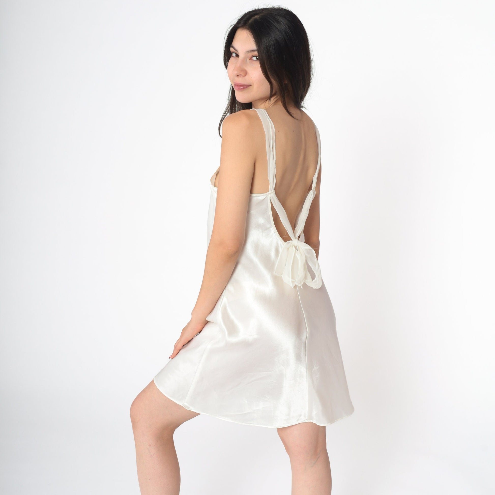 90s White Satin Slip Dress Pearl Beaded Mesh Trim Mini Nightgown Medium