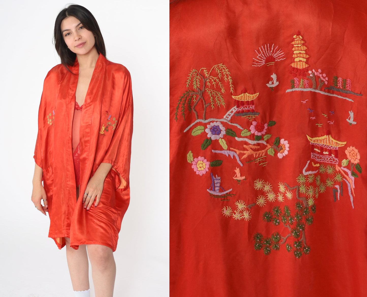 80s Red Silk Kimono Robe Embroidered Pagoda Trees Open Front Small