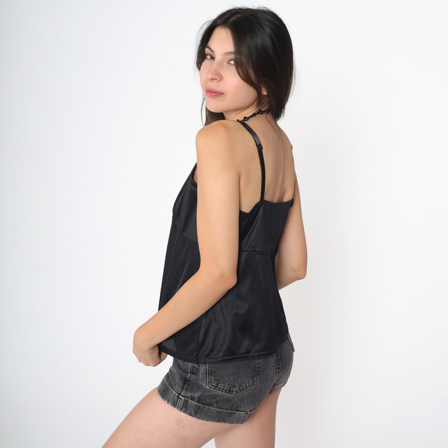 80s Black Nylon Camisole Empire Waist Spaghetti Strap Tank Medium