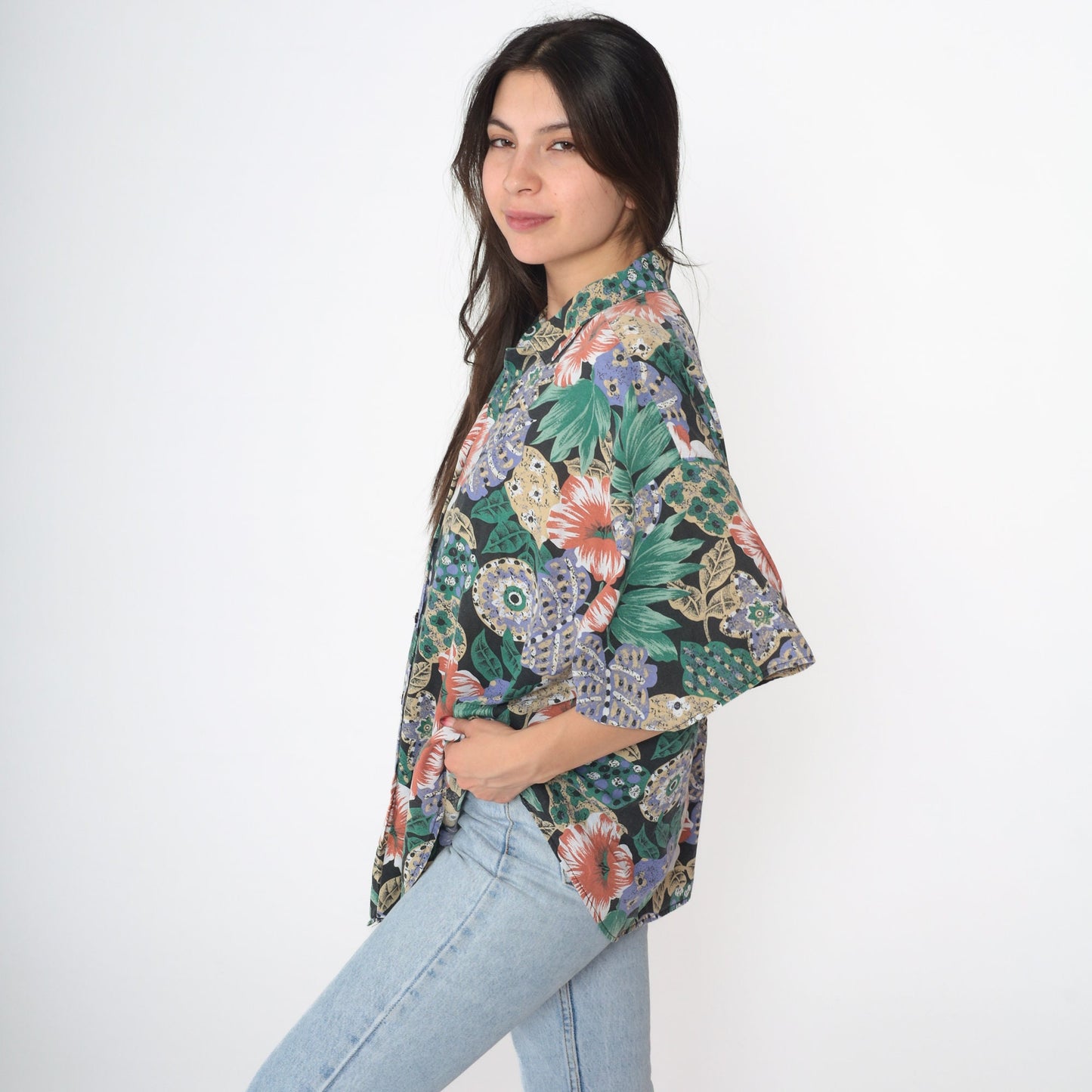 90s Tropical Floral Button Up Blouse Short Sleeve Blue Plus Size 18W