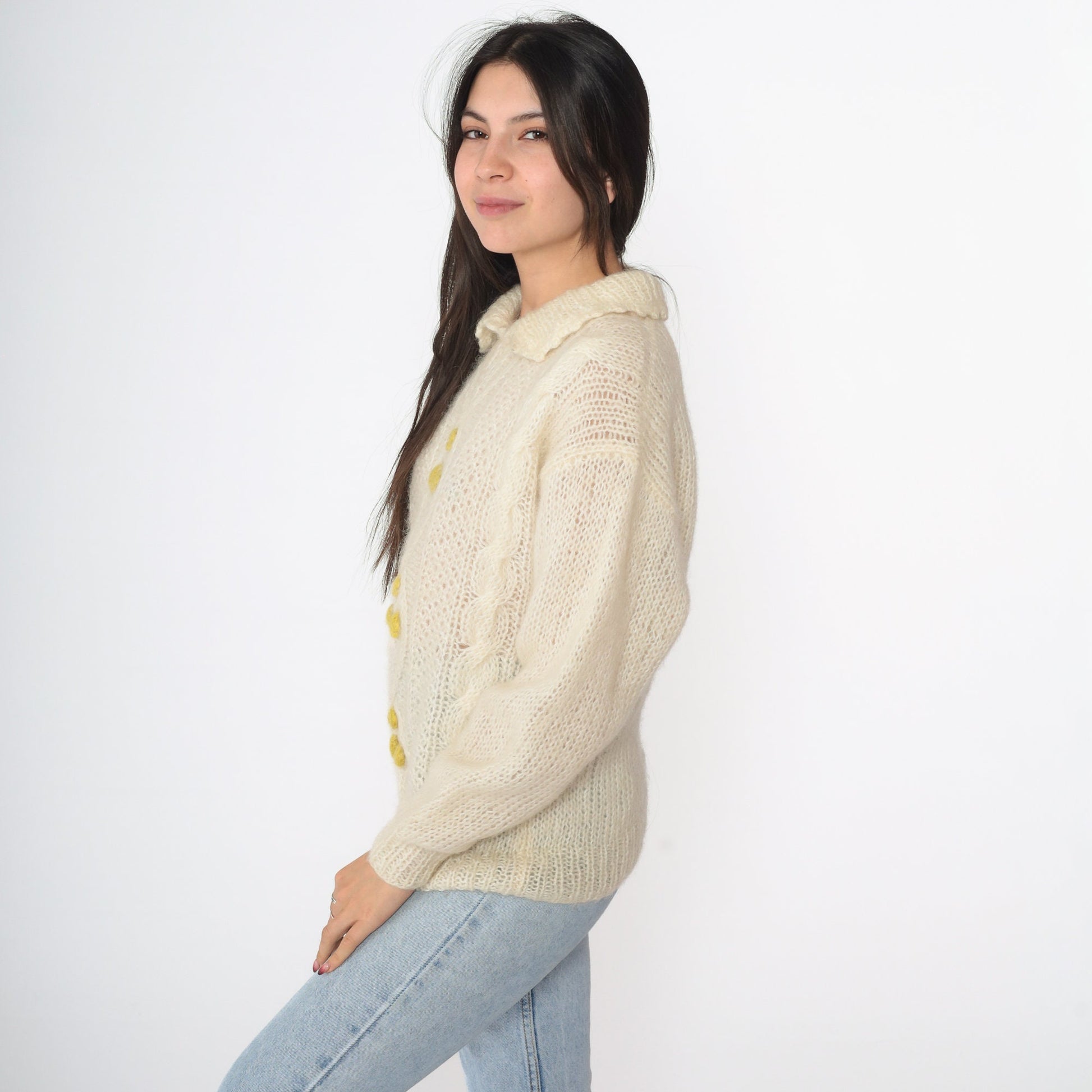 80s Cream Cable Knit Sweater Sheer Open Weave Collared Pullover Medium