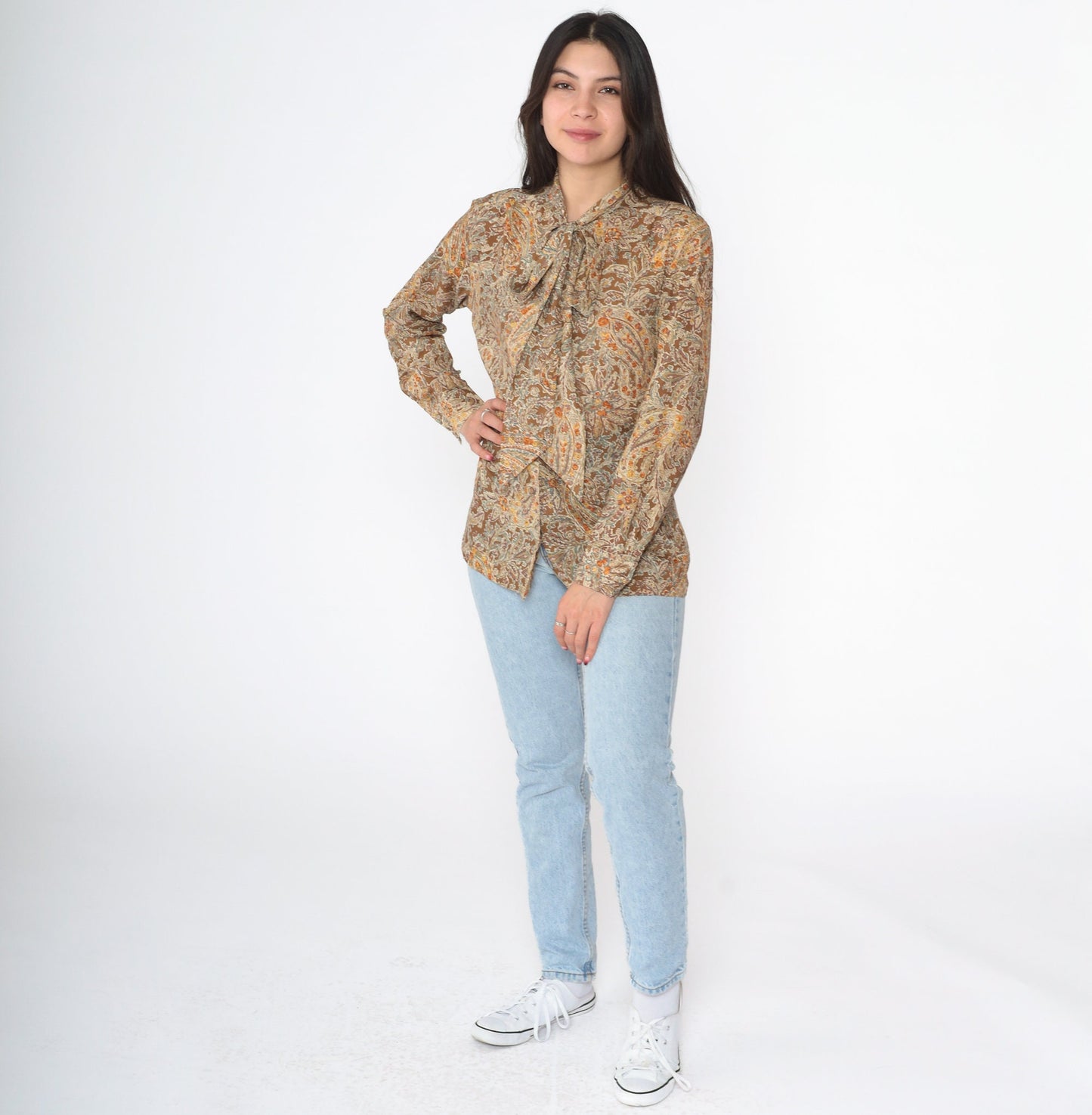 70s Floral Paisley Ascot Blouse Button-Up Long Sleeve Brown Small