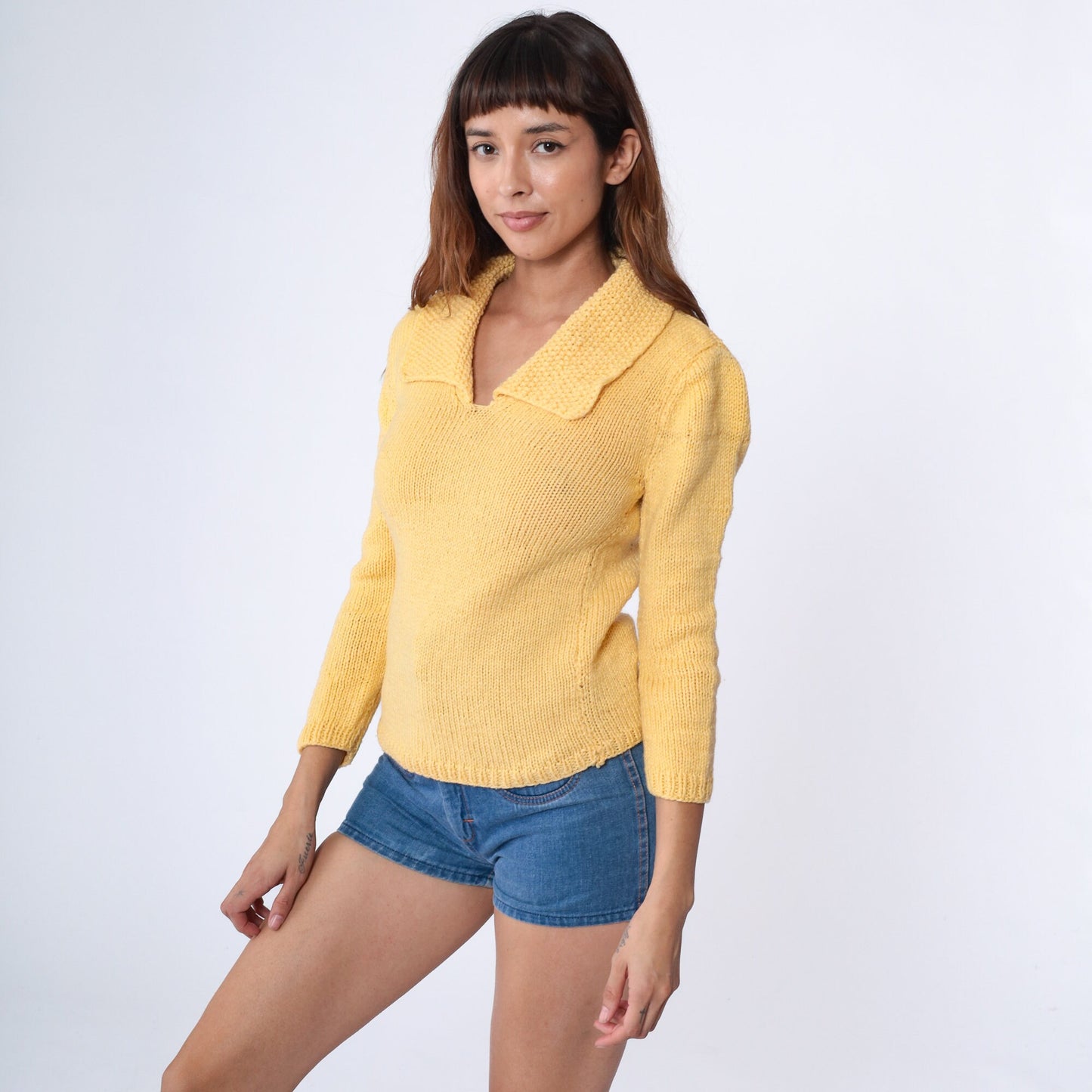 70s Yellow Knit Sweater V-Neck Nubby Collar Pullover Extra Small
