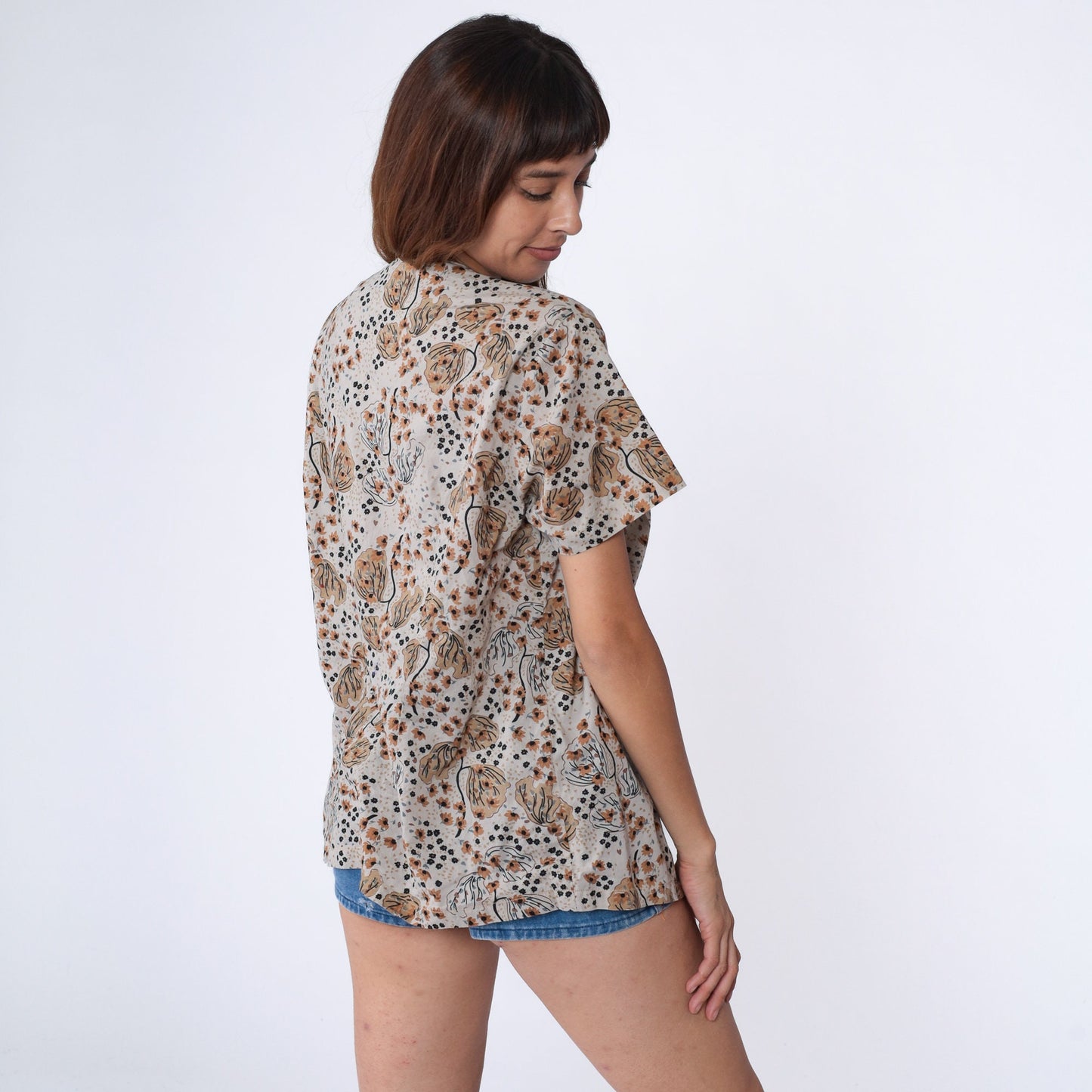 90s Grey Floral Tree Print Button Up Blouse V Neck Short Sleeve Large L