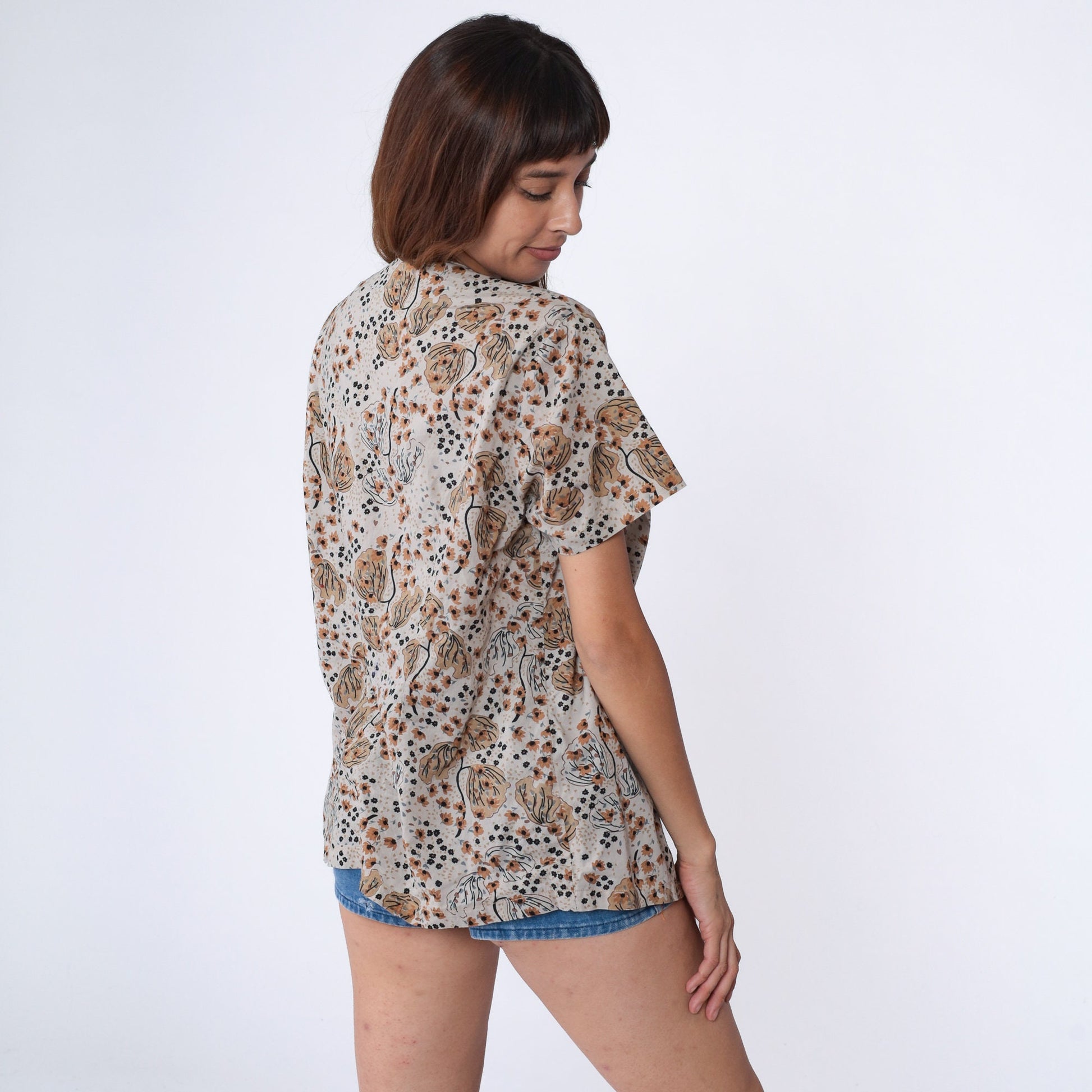 90s Grey Floral Tree Print Button Up Blouse V Neck Short Sleeve Large L
