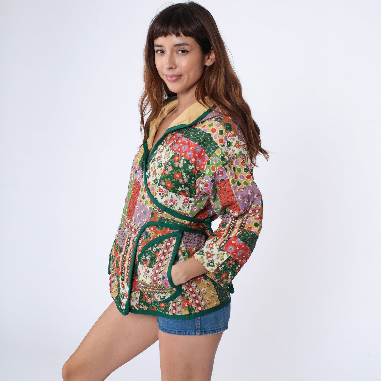 70s Patchwork Floral Quilted Hooded Jacket Green Wrap Toggle Small