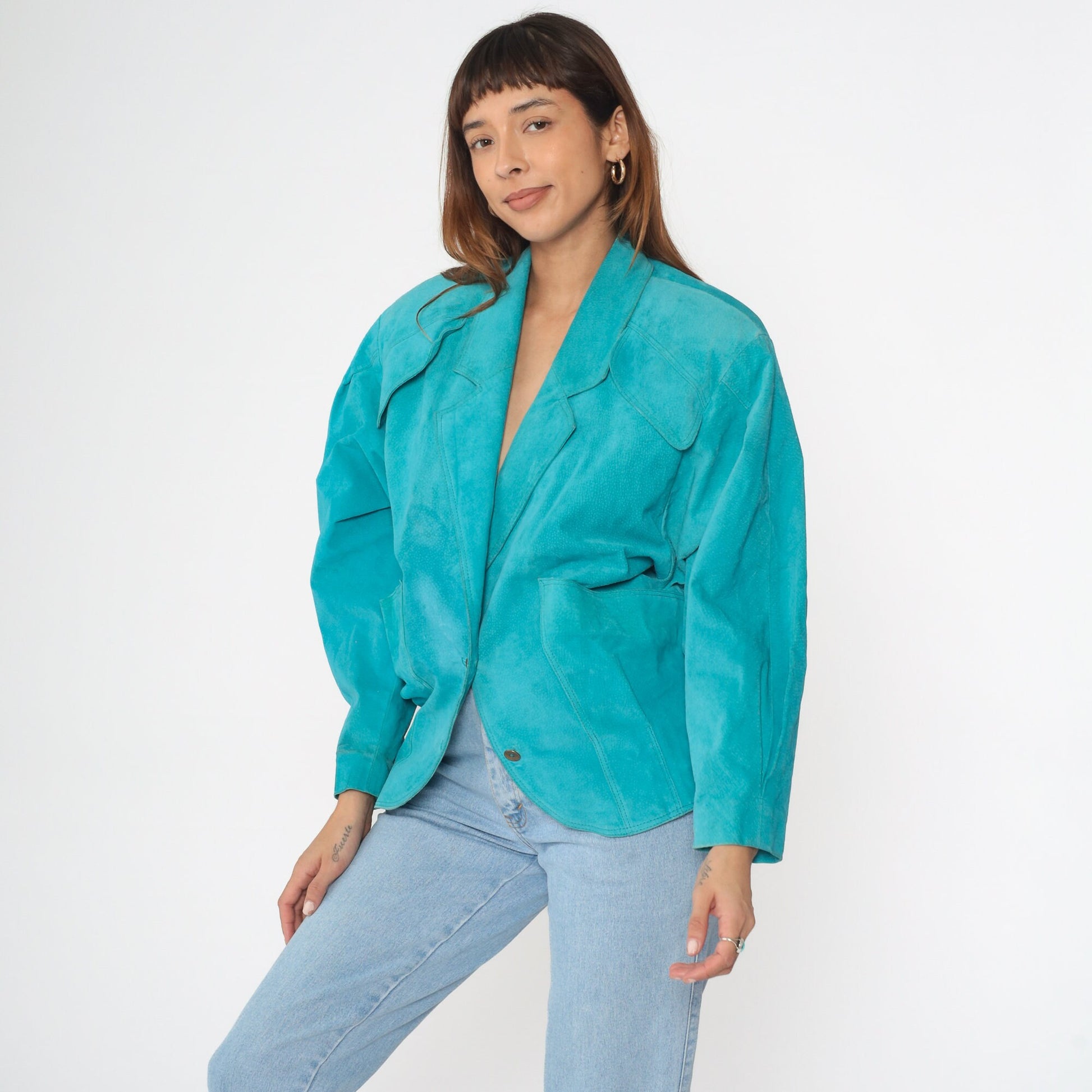 80s Turquoise Suede Leather Blazer V-Neck Shoulder Jacket Small