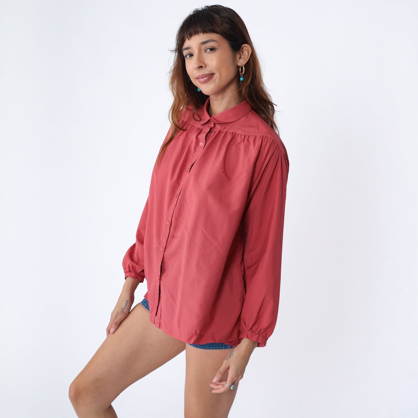 70s Dark Coral Pink Button-Up Blouse Peter Pan Collar Long Sleeve Medium