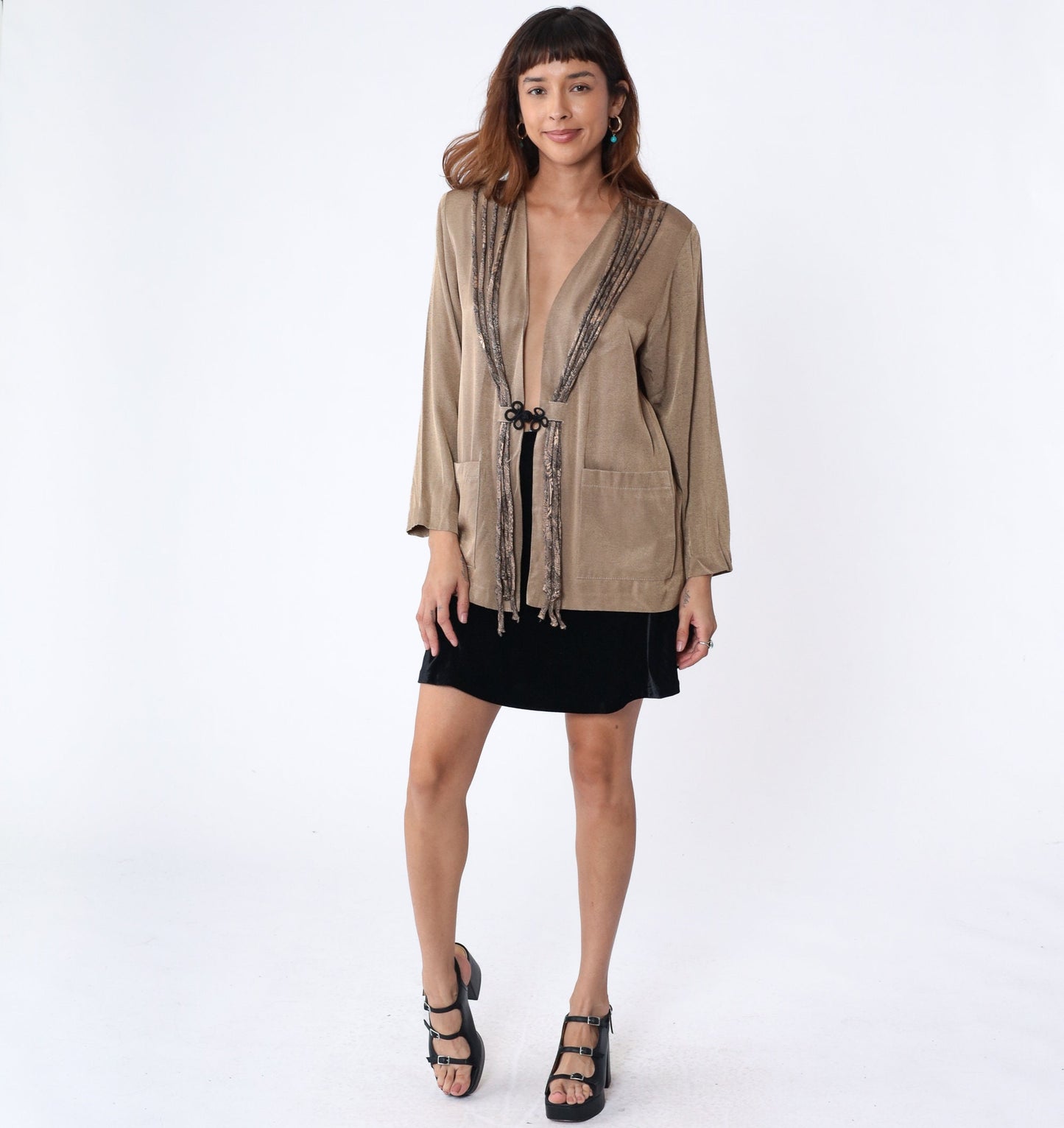 90s Metallic Bronze Snakeskin Fringe Jacket Frog Button Medium