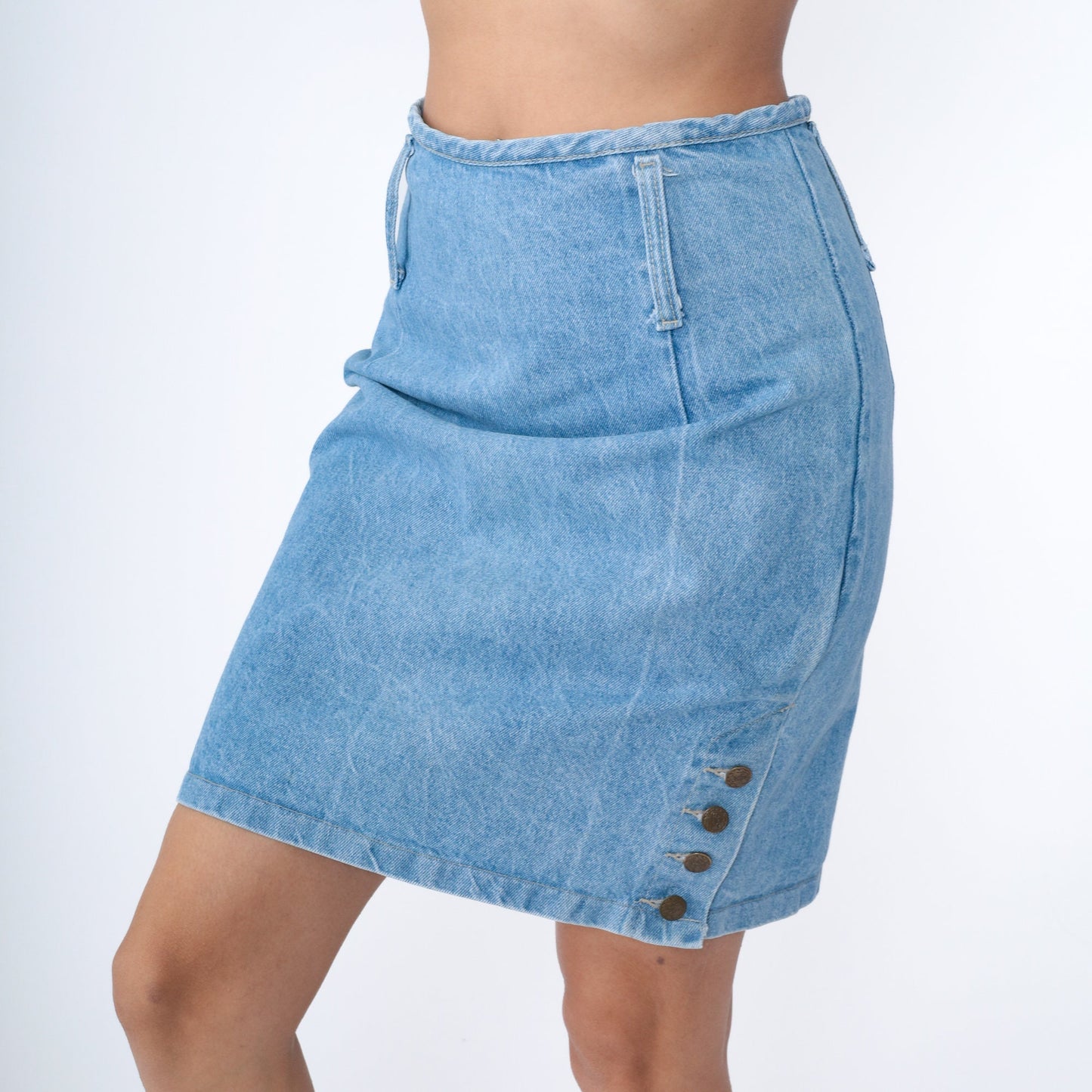 90s Blue Denim Mini Skirt High Waist Pencil Cut Side Button Medium