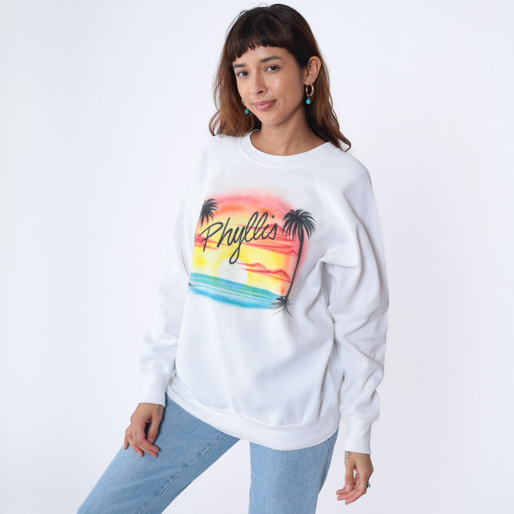 80s Phyllis Tropical Sunset Airbrush Sweatshirt White Raglan XL