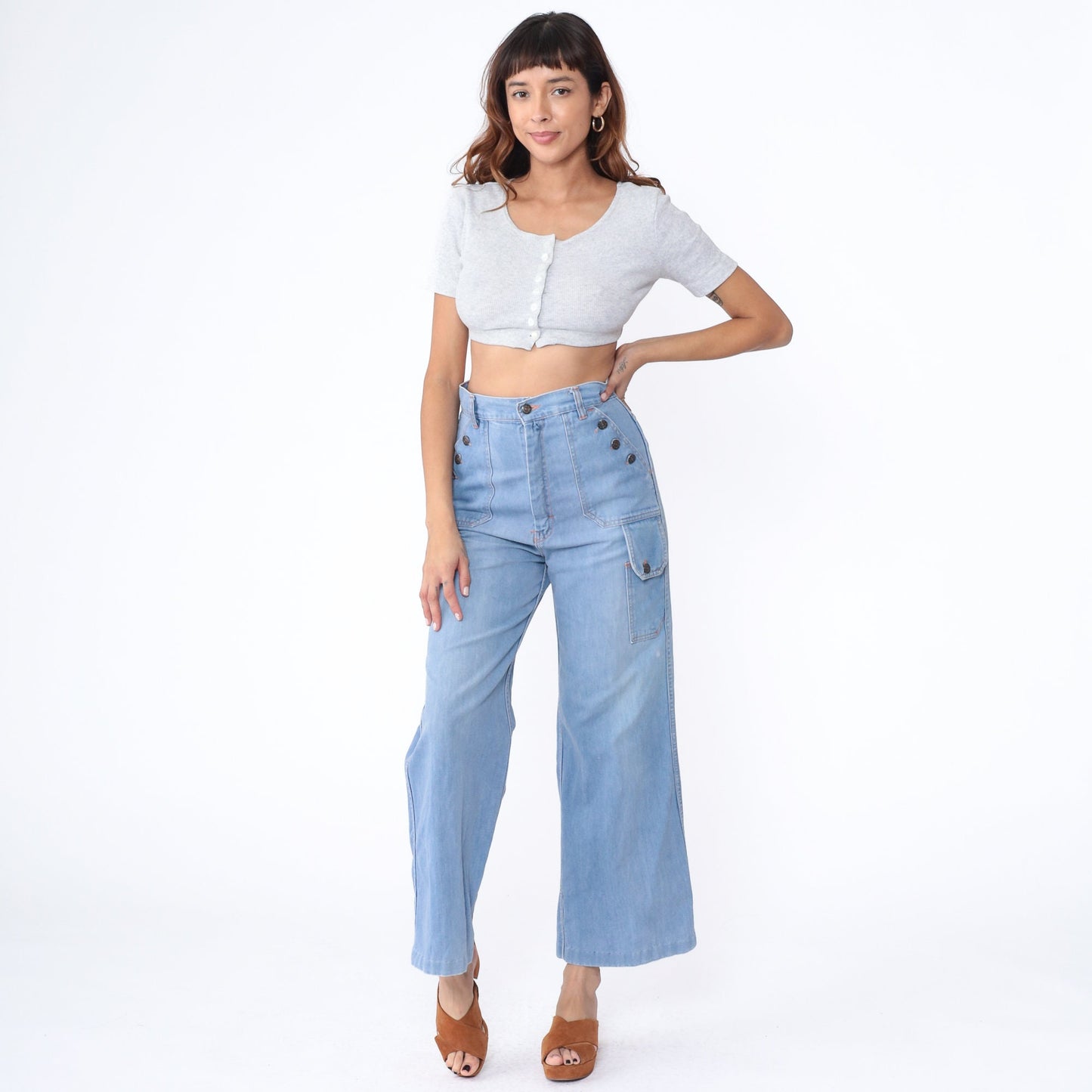 70s Blue Denim Bell Bottom Jeans High Waist Wide Leg Flare Medium 8