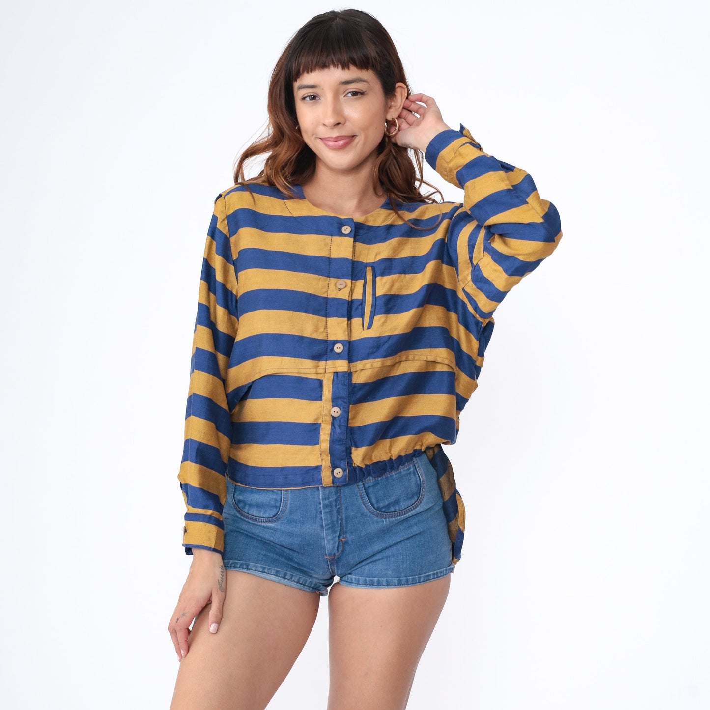 80s Striped Linen Cotton Blouse Blue Mustard Button Up Long Sleeve Large