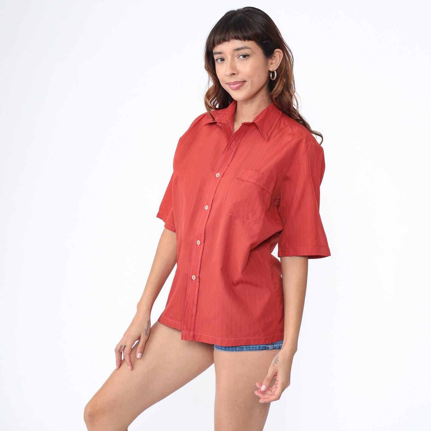 70s Rust Red Button-Up Shirt Pointed Collar Chest Pocket Men's Medium