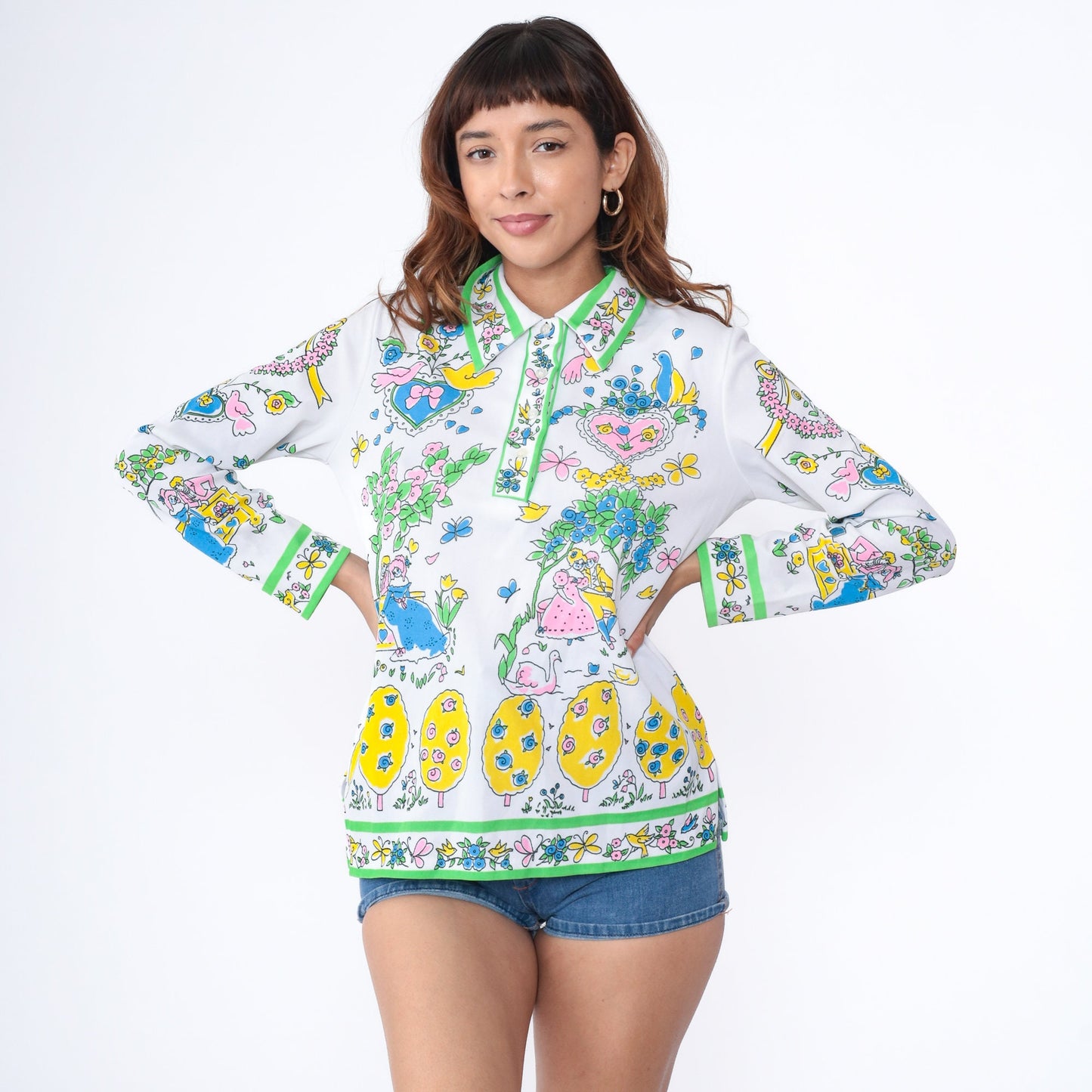 70s Romantic Print Button Up Blouse White Long Sleeve Couples Hearts Birds Medium Large