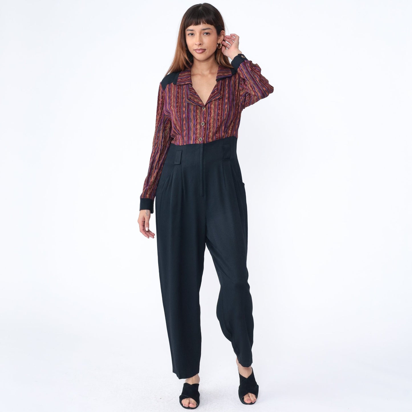 90s Molly Malloy Jumpsuit Burgundy Striped Black Tapered High Waist Medium