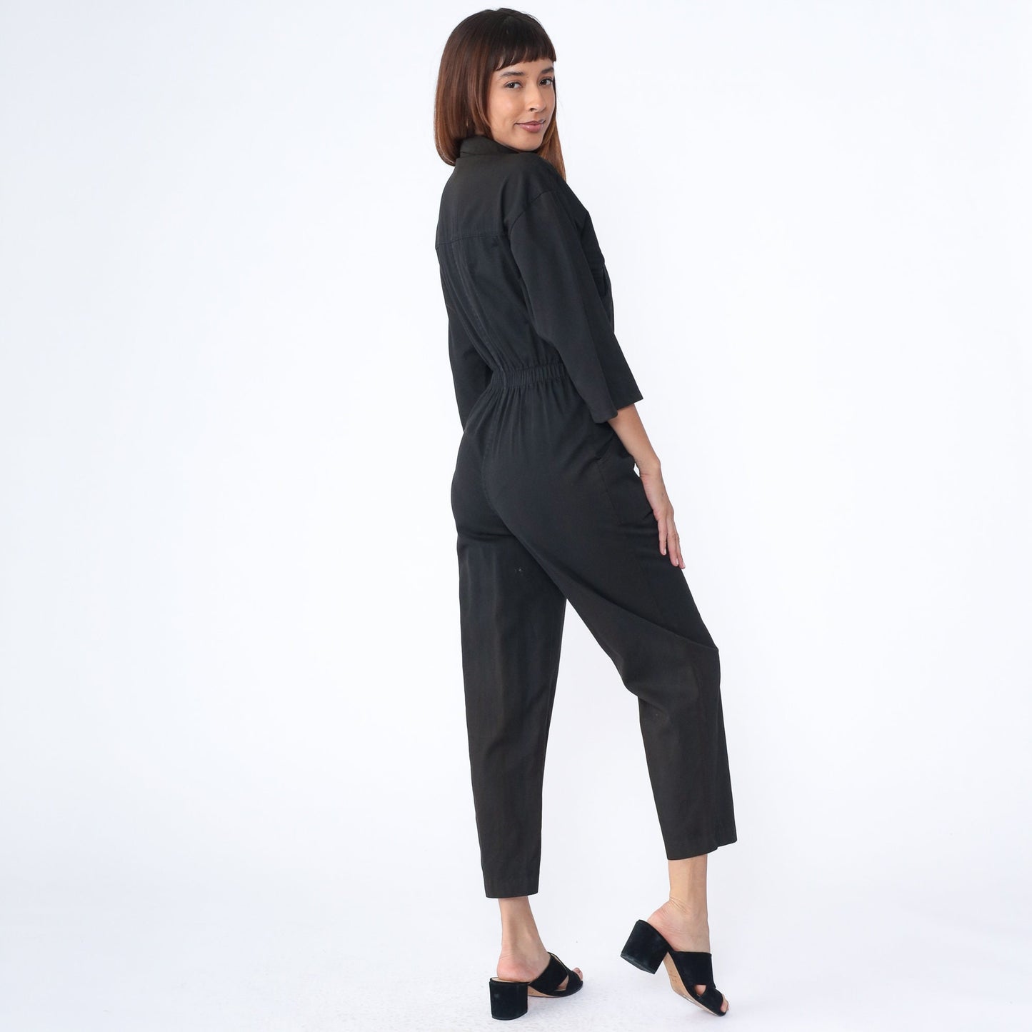 80s Ideas Black Cotton Jumpsuit Button-Up Tapered Leg Small