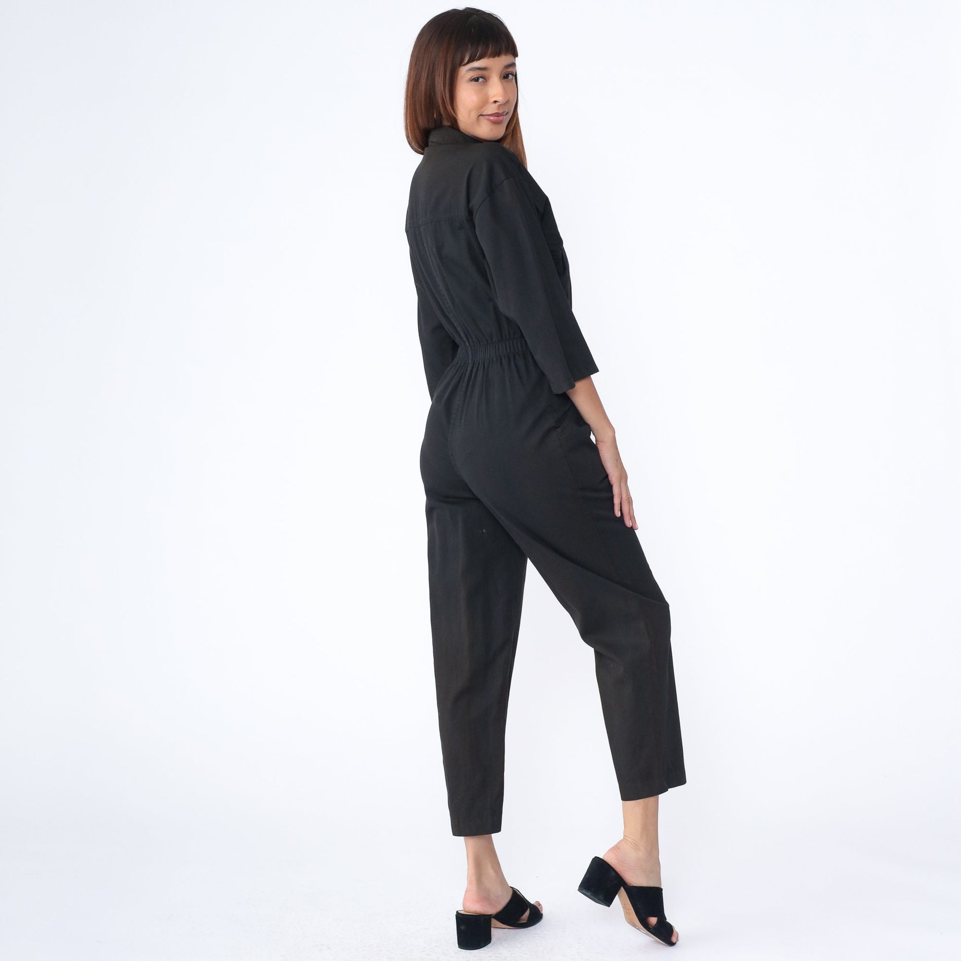 80s Ideas Black Cotton Jumpsuit Button-Up Tapered Leg Small