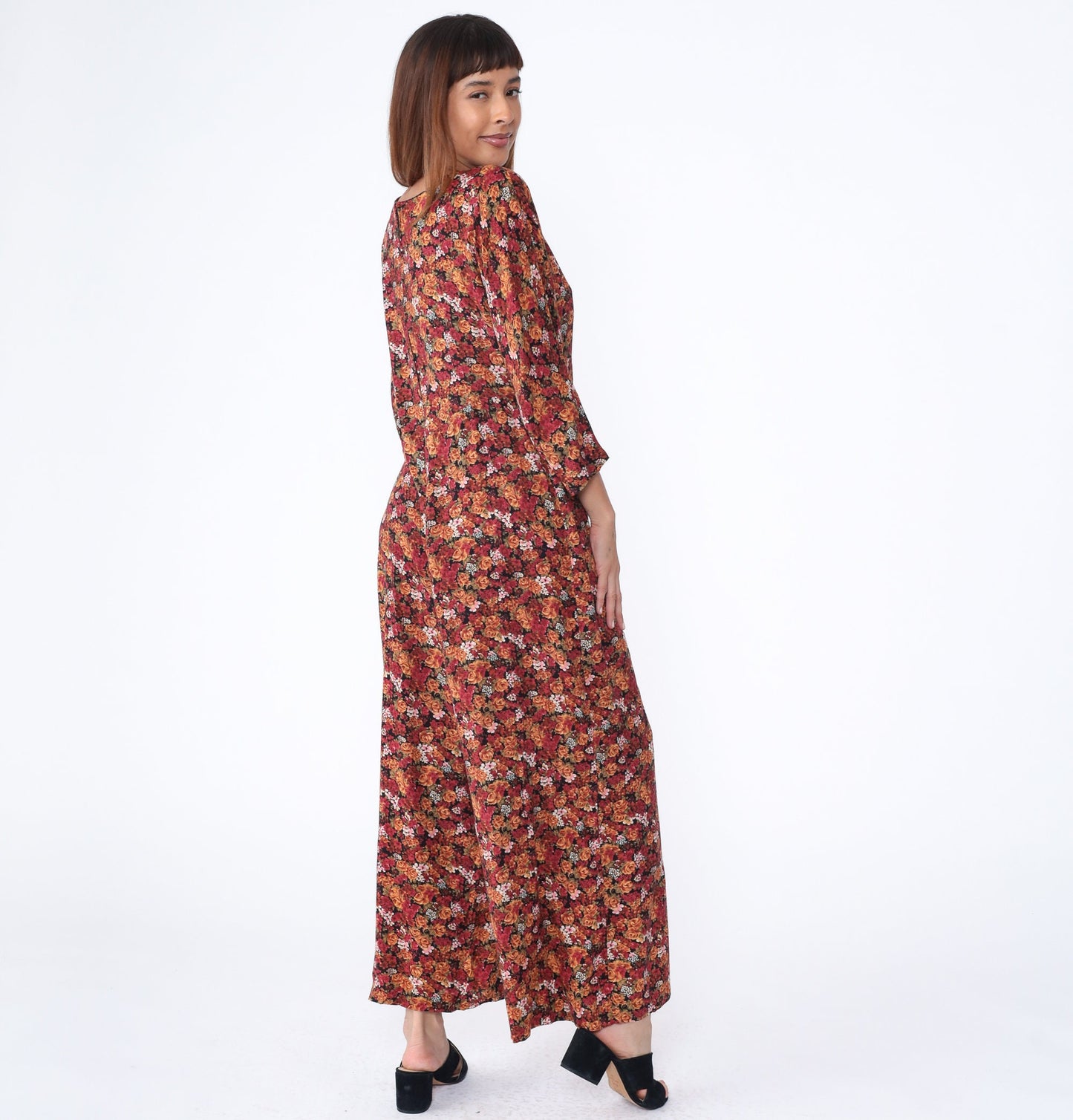 90s Red Orange Floral Rayon Jumpsuit Wide Leg Scoop Neck Medium
