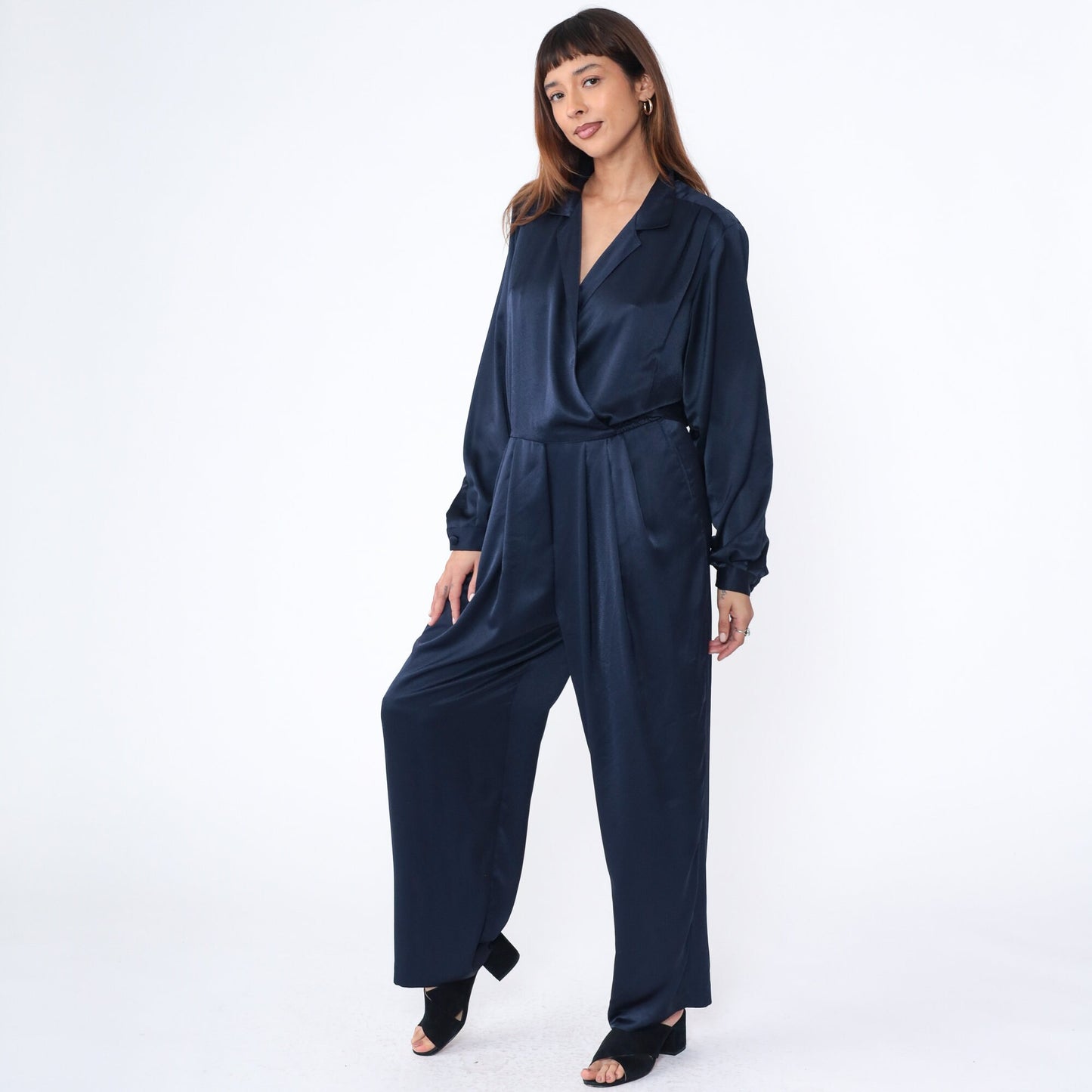 90s Liz Claiborne Navy Wrap Jumpsuit V Neck Tapered Wide Leg Medium