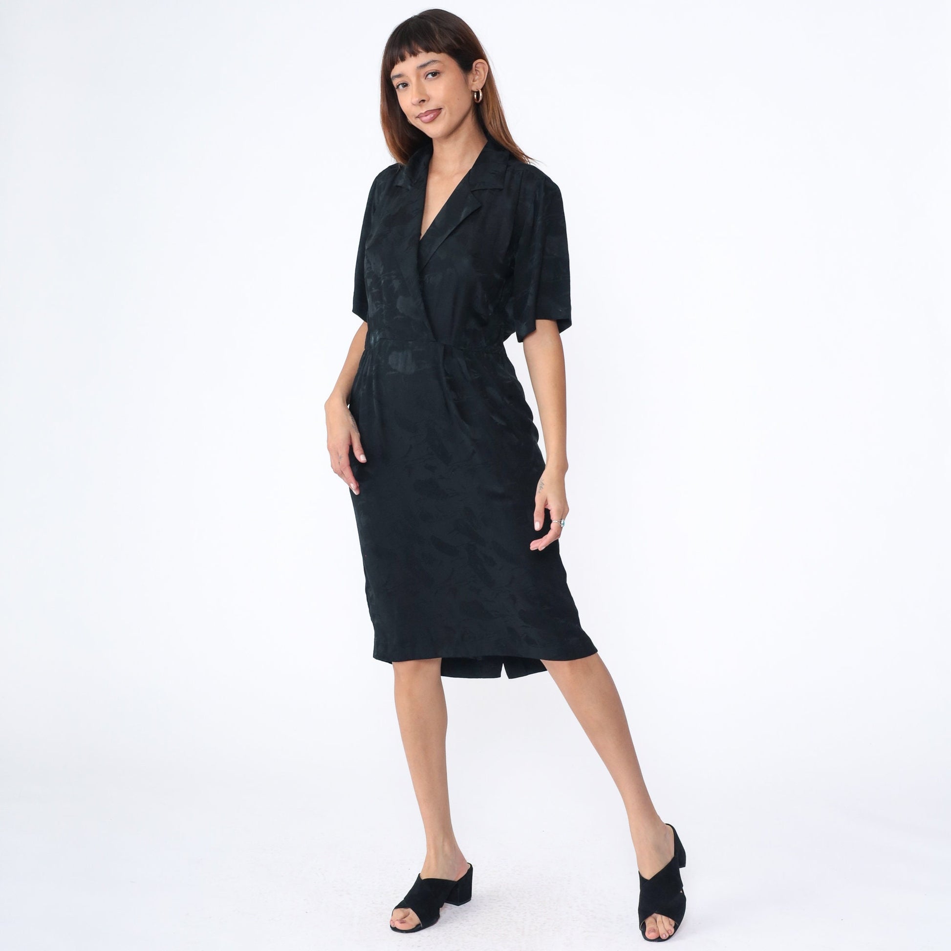 90s Black Silk Wrap Dress V-Neck High Waist Midi Short Sleeve Medium 8